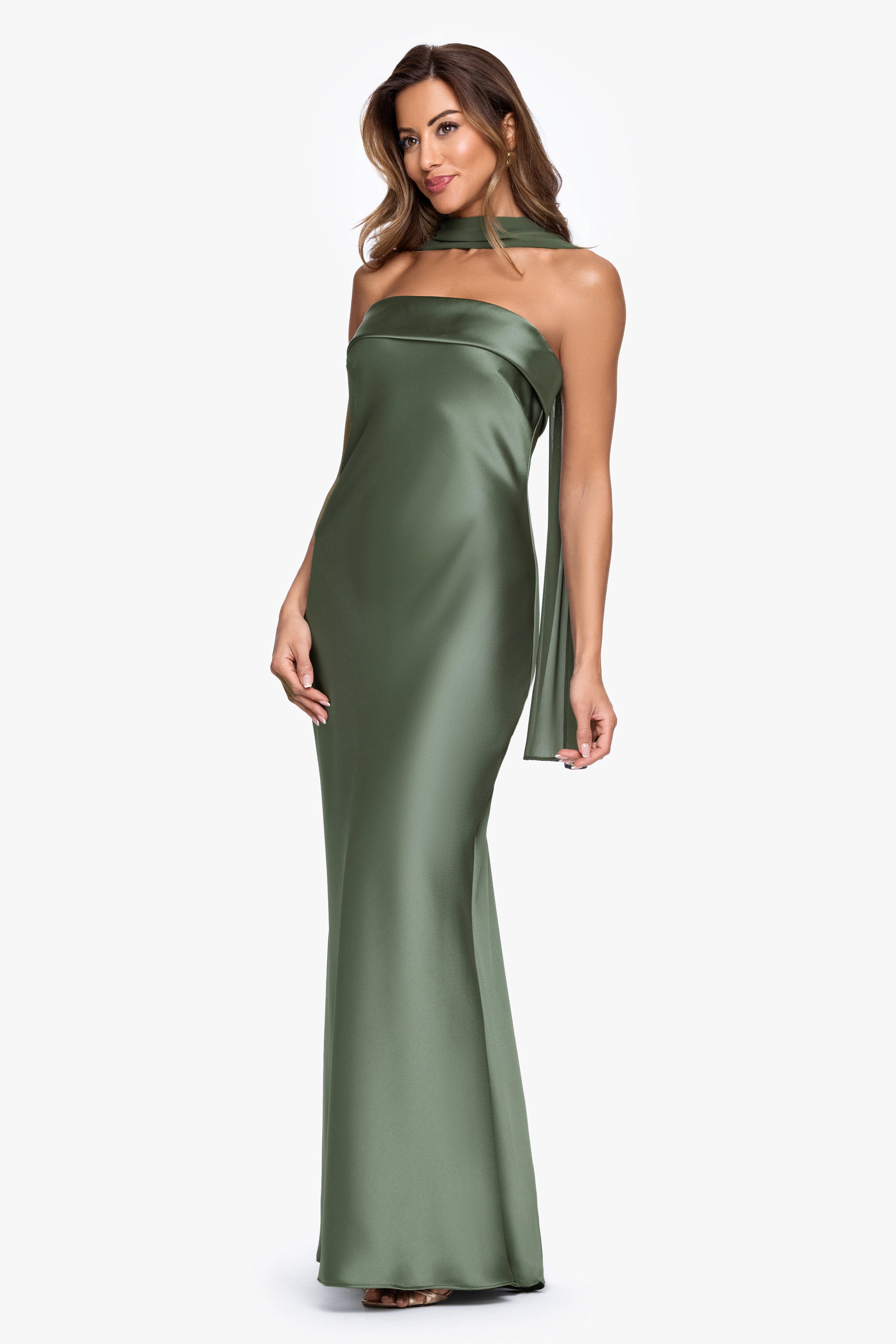 "Lila" Satin With Hammered Chiffon Scarf Dress