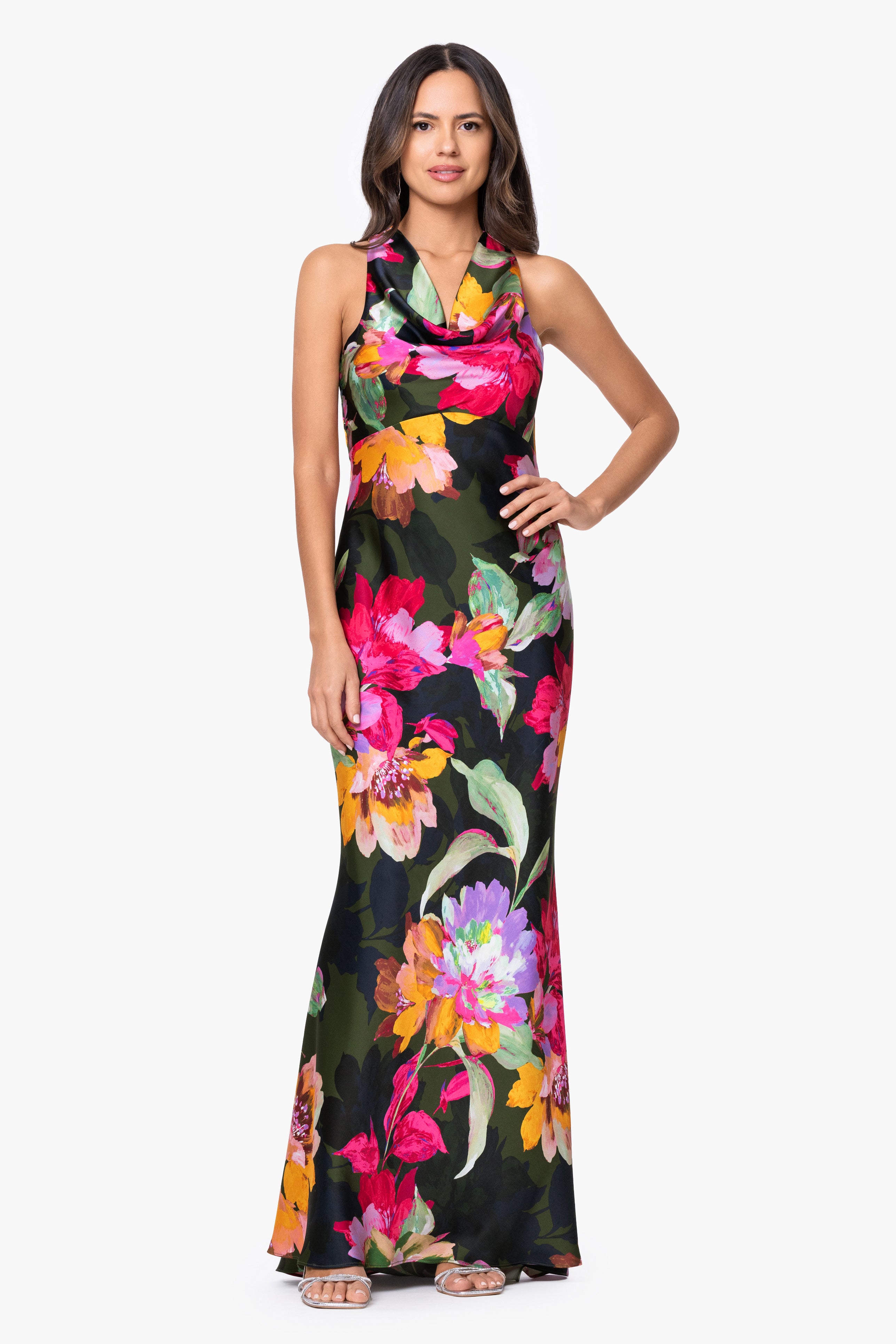 "Kristine" Printed Satin Tie Neck Dress