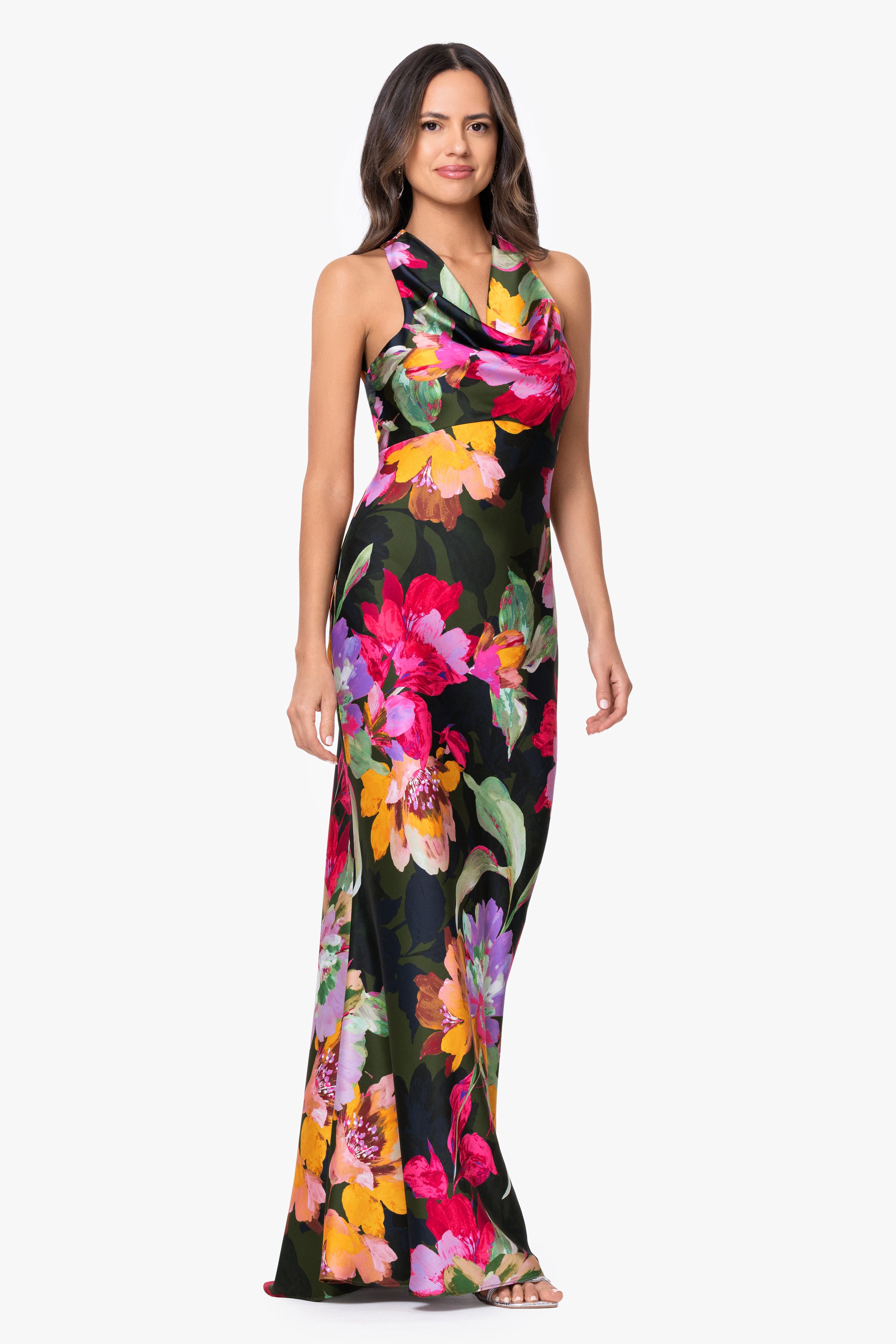 "Kristine" Printed Satin Tie Neck Dress