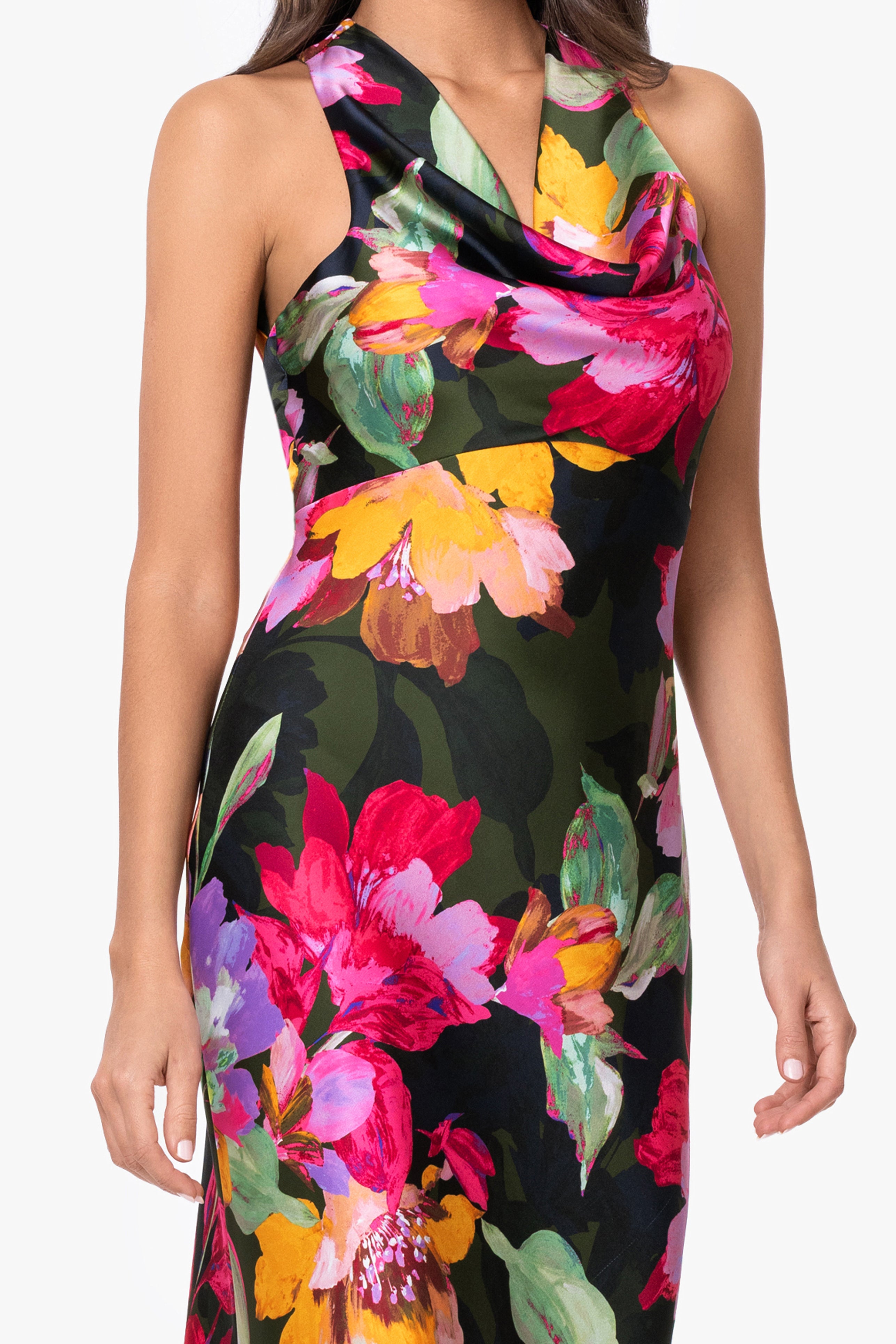 "Kristine" Printed Satin Tie Neck Dress
