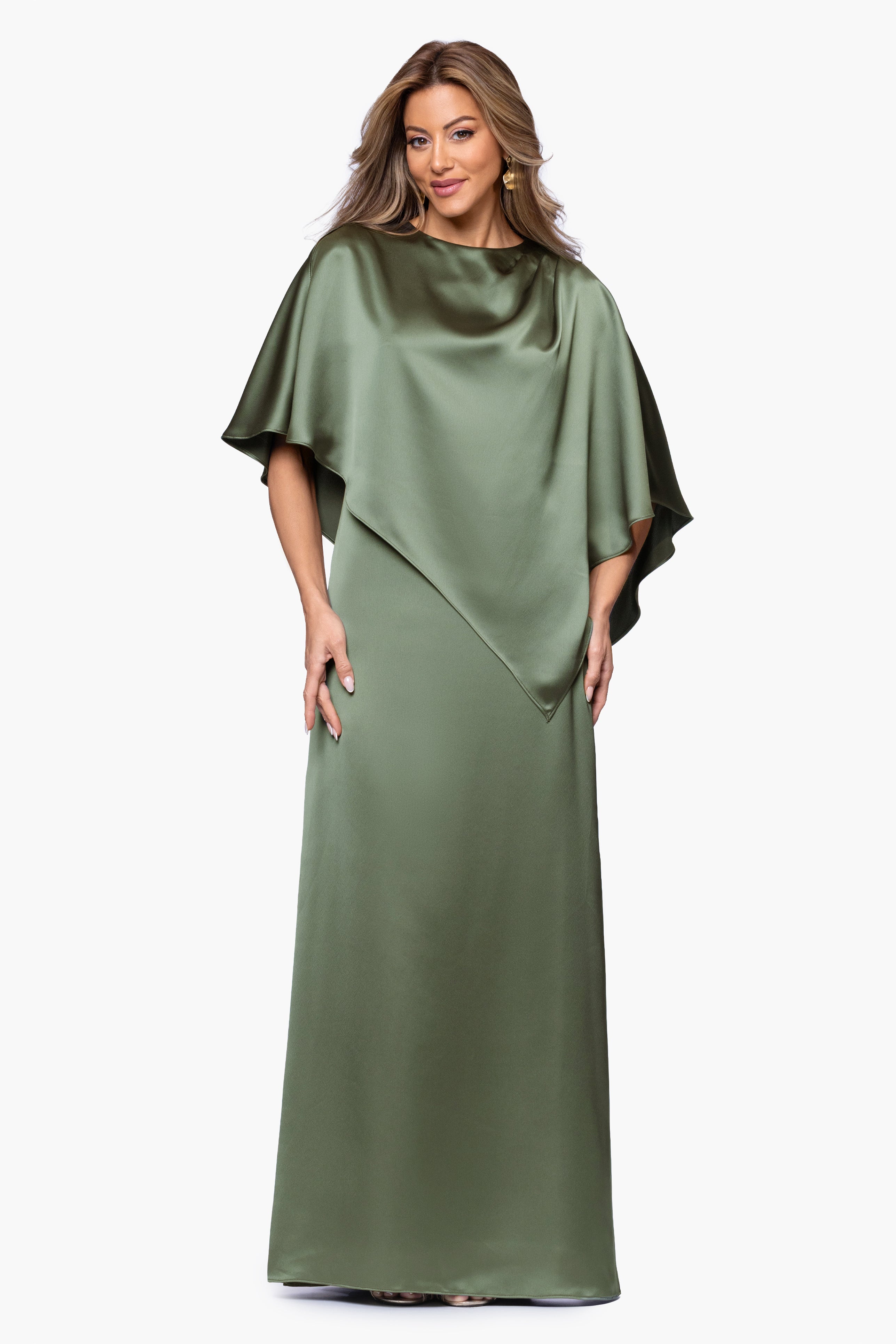 "Misty" Satin Overlay Cape Floor Length Dress