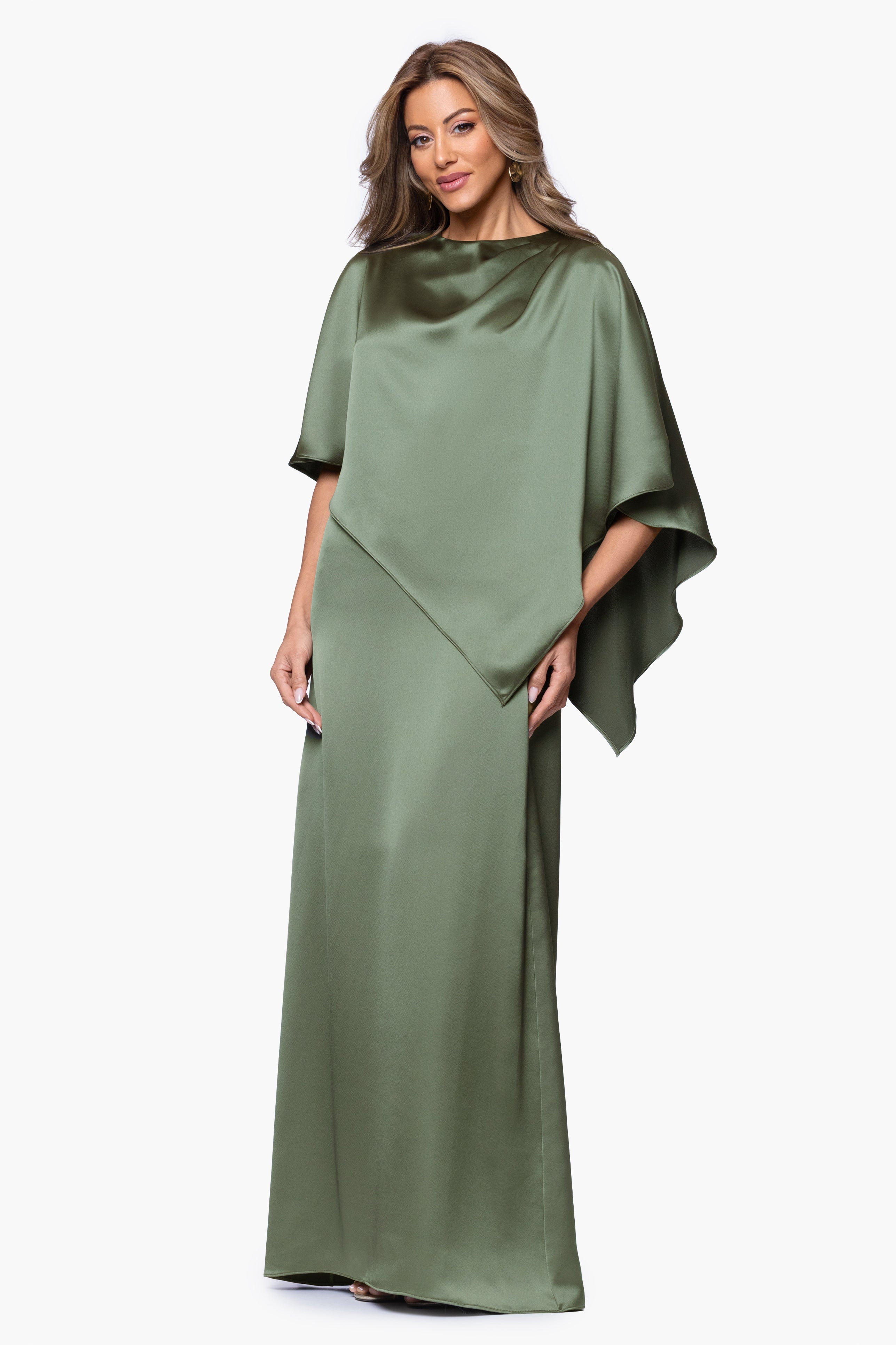 "Misty" Satin Overlay Cape Floor Length Dress