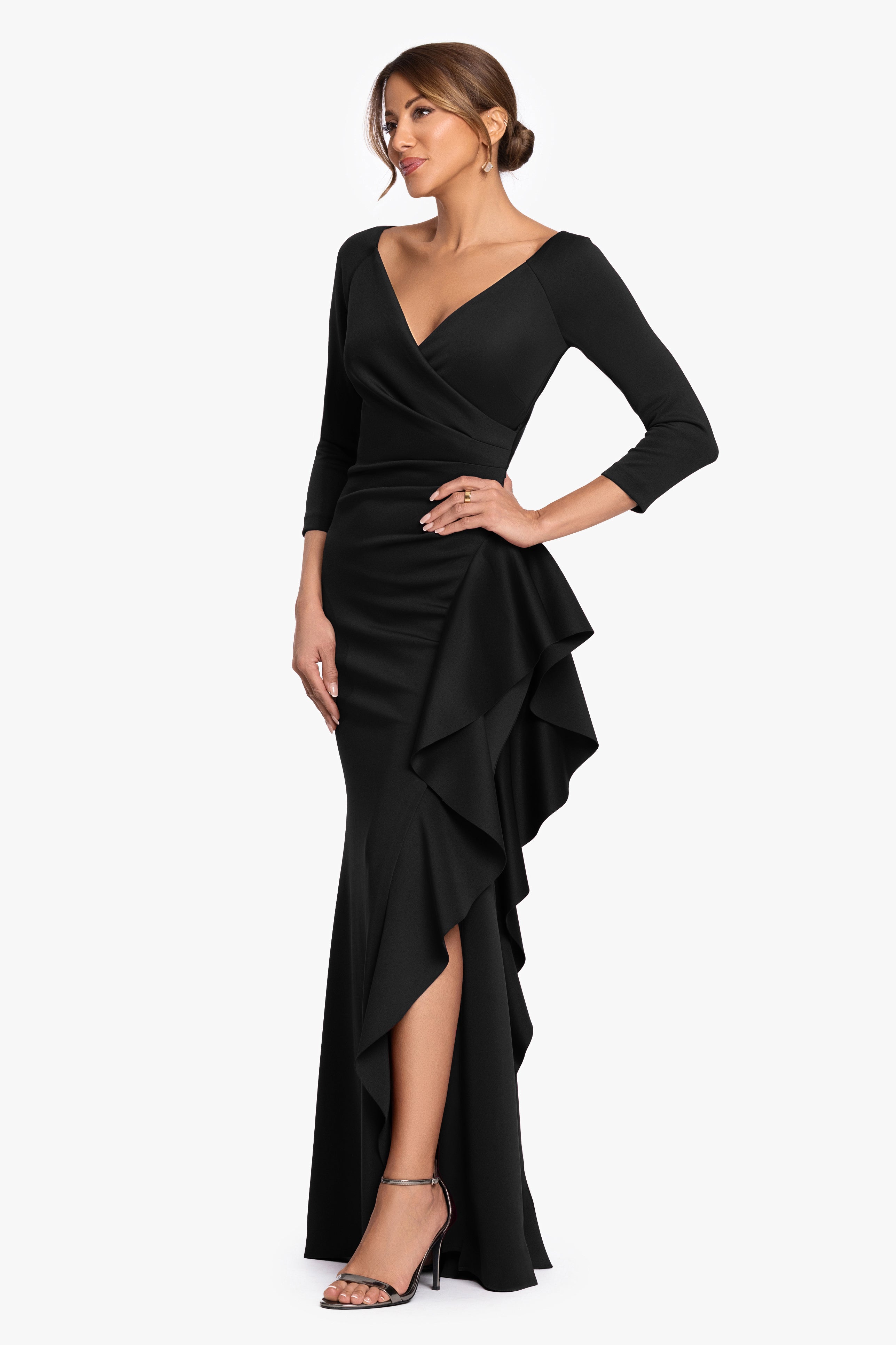 "Clarissa" Techno Scuba Long Sleeve Ruffle Dress
