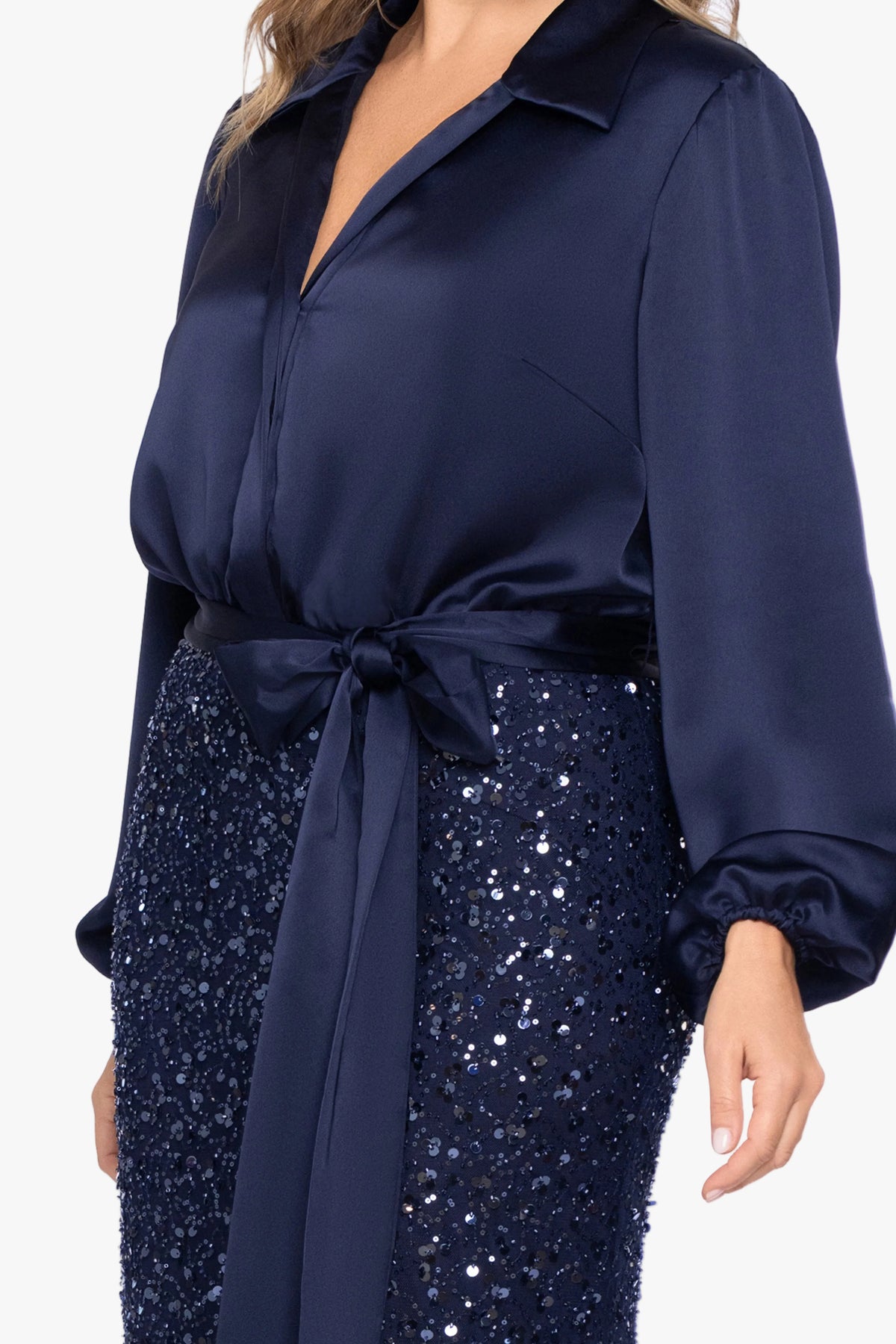 Plus "Cara" Satin & Sequin Combo Long Sleeve Dress