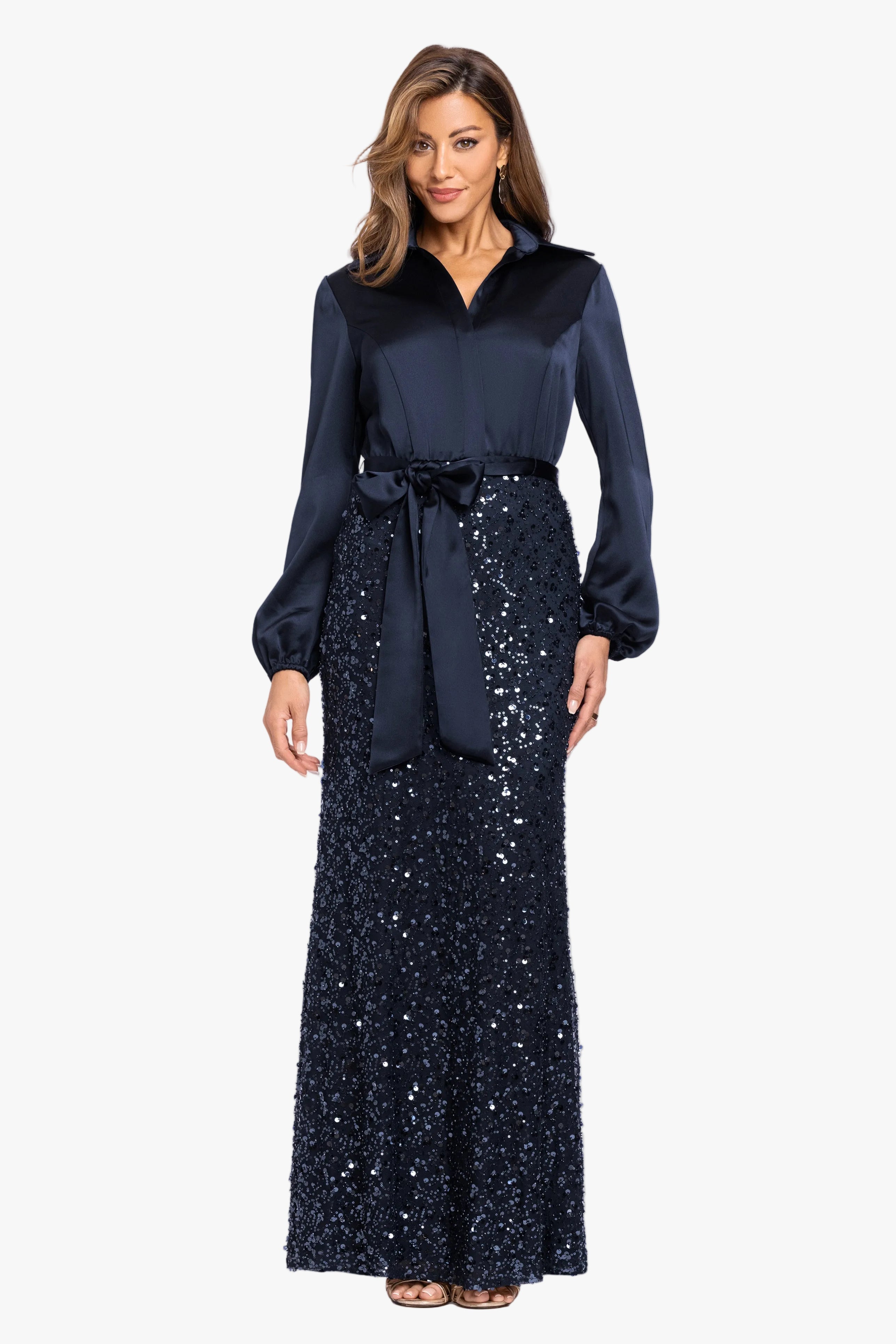"Cara" Satin & Sequin Combo Long Sleeve Dress