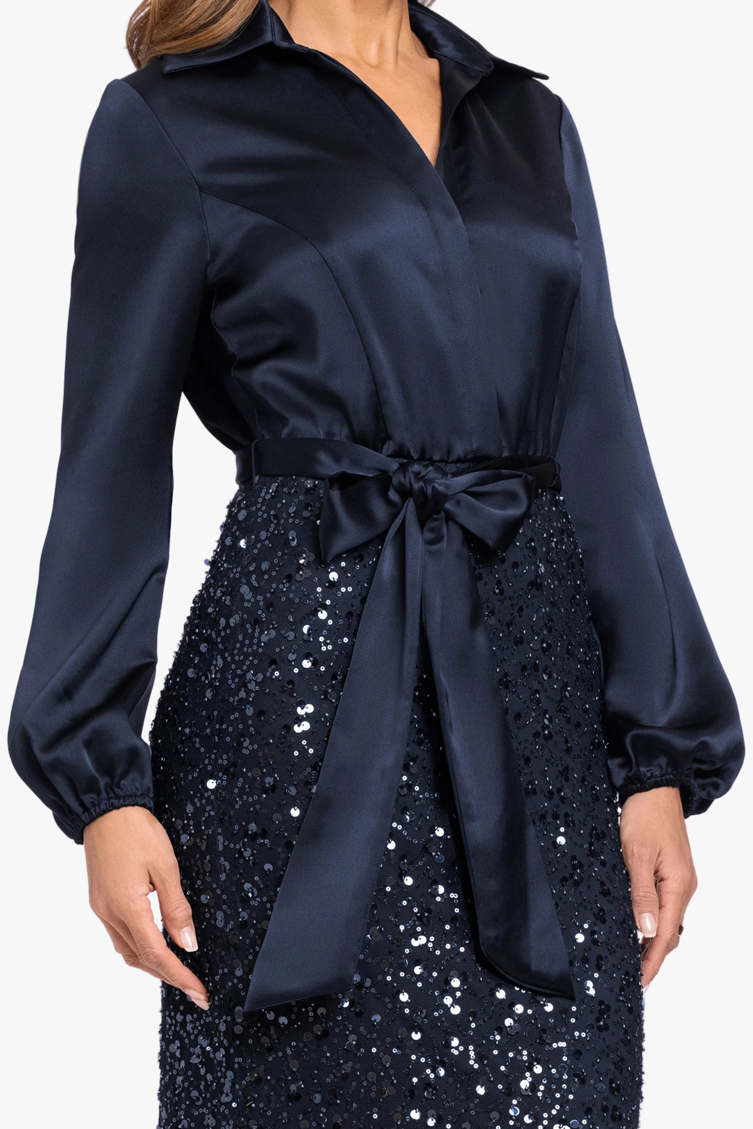 "Cara" Satin & Sequin Combo Long Sleeve Dress