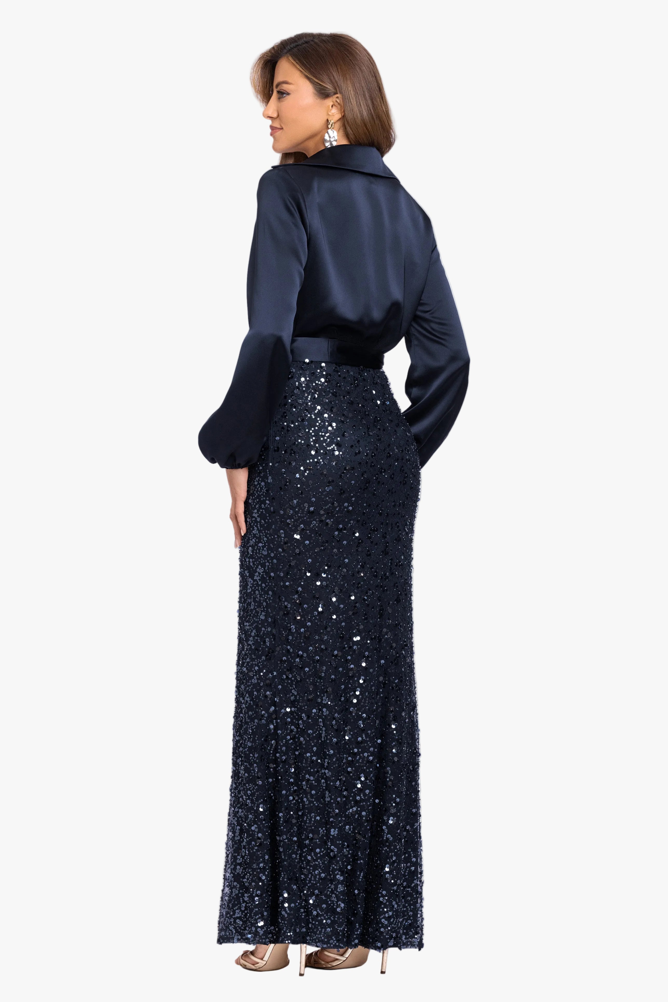 "Cara" Satin & Sequin Combo Long Sleeve Dress