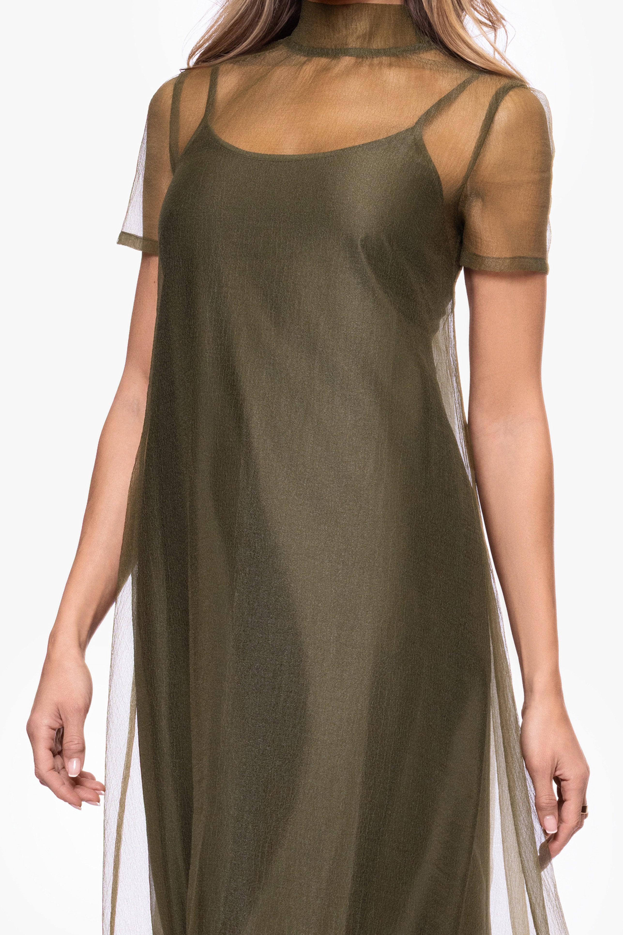 "Priscilla" Organza Turtleneck Overlay Slip Dress