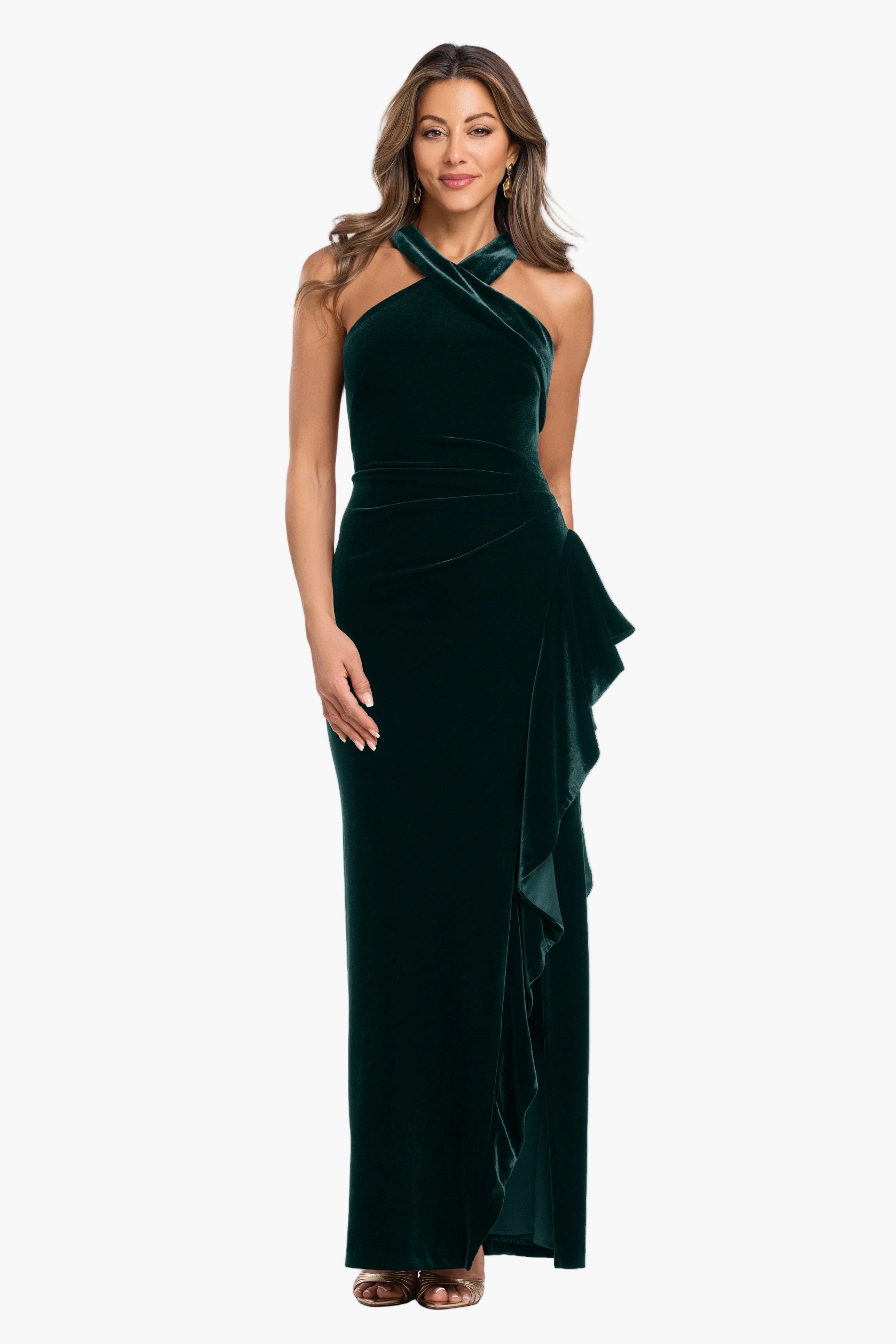 "Connie" Velvet Cross Neck Side Ruffle Dress
