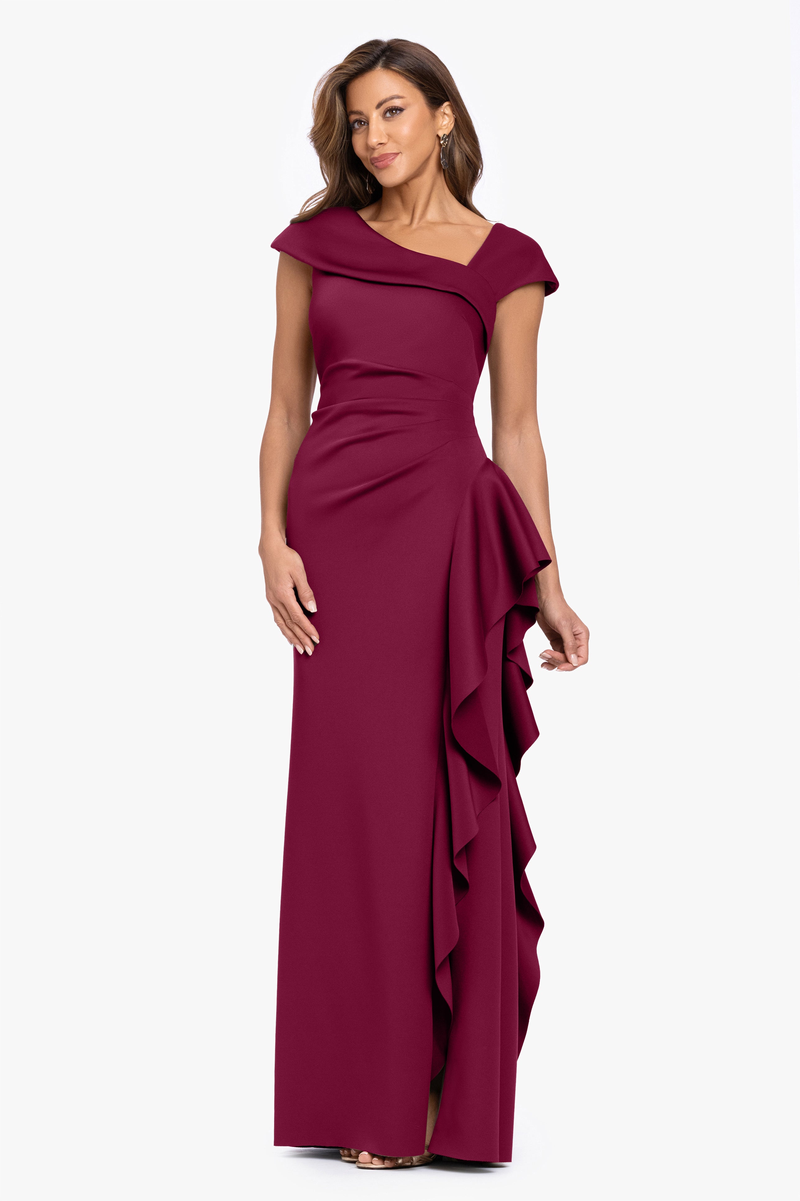 "Rory" Petite Techno Scuba Asymmetrical Side Ruffle Dress