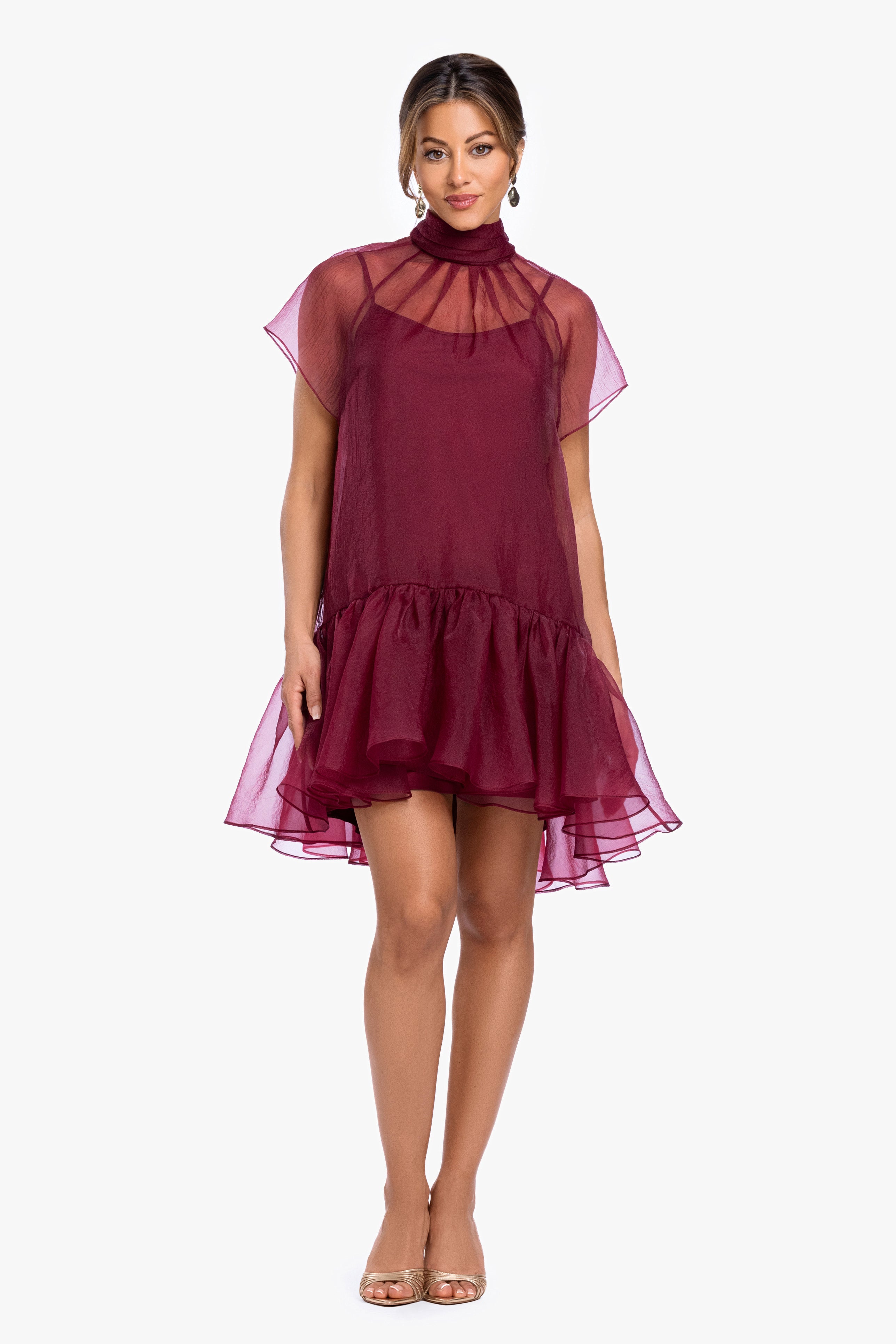 "Shauna" Organza Shift Mock Neck Short Dress