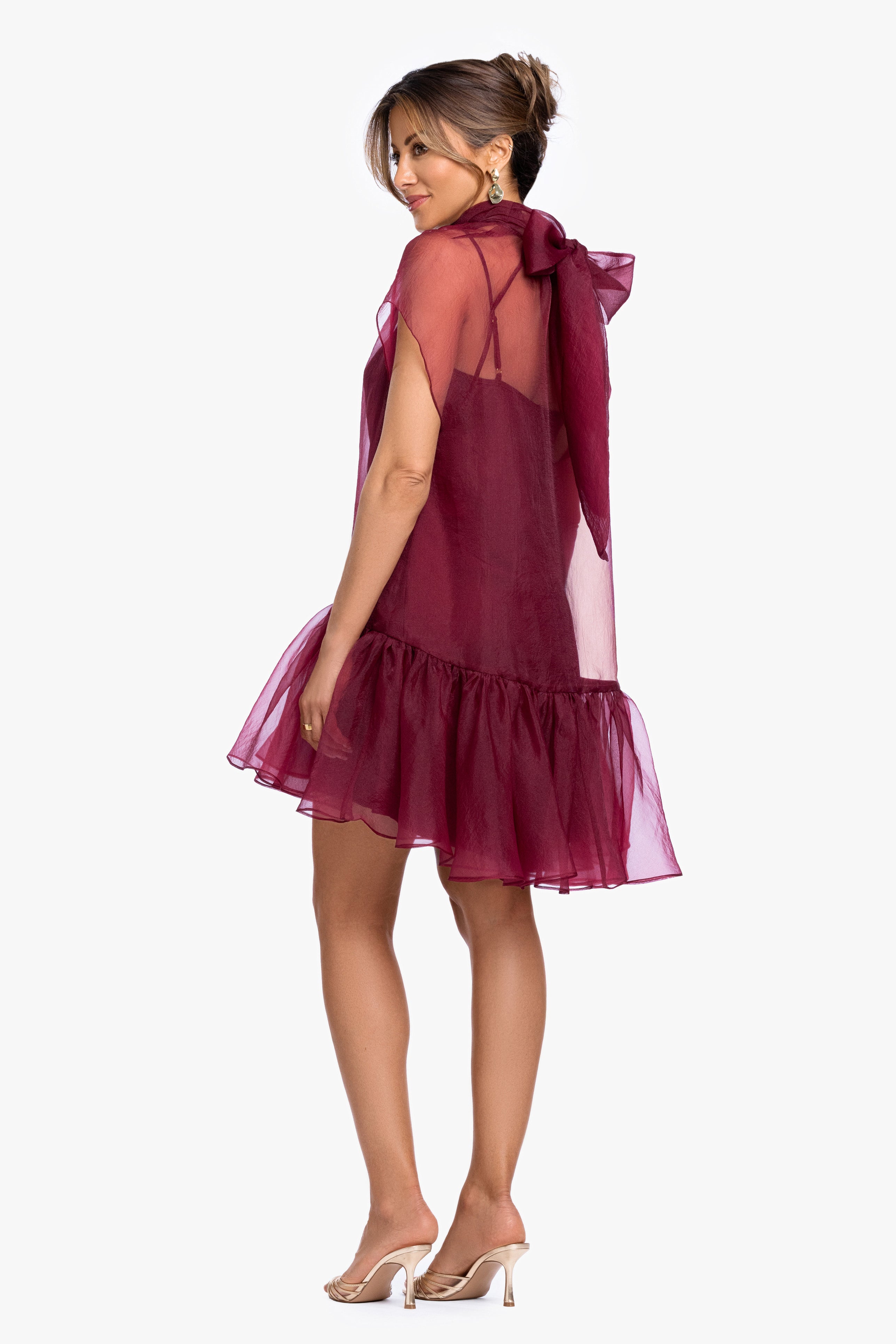 "Shauna" Organza Shift Mock Neck Short Dress