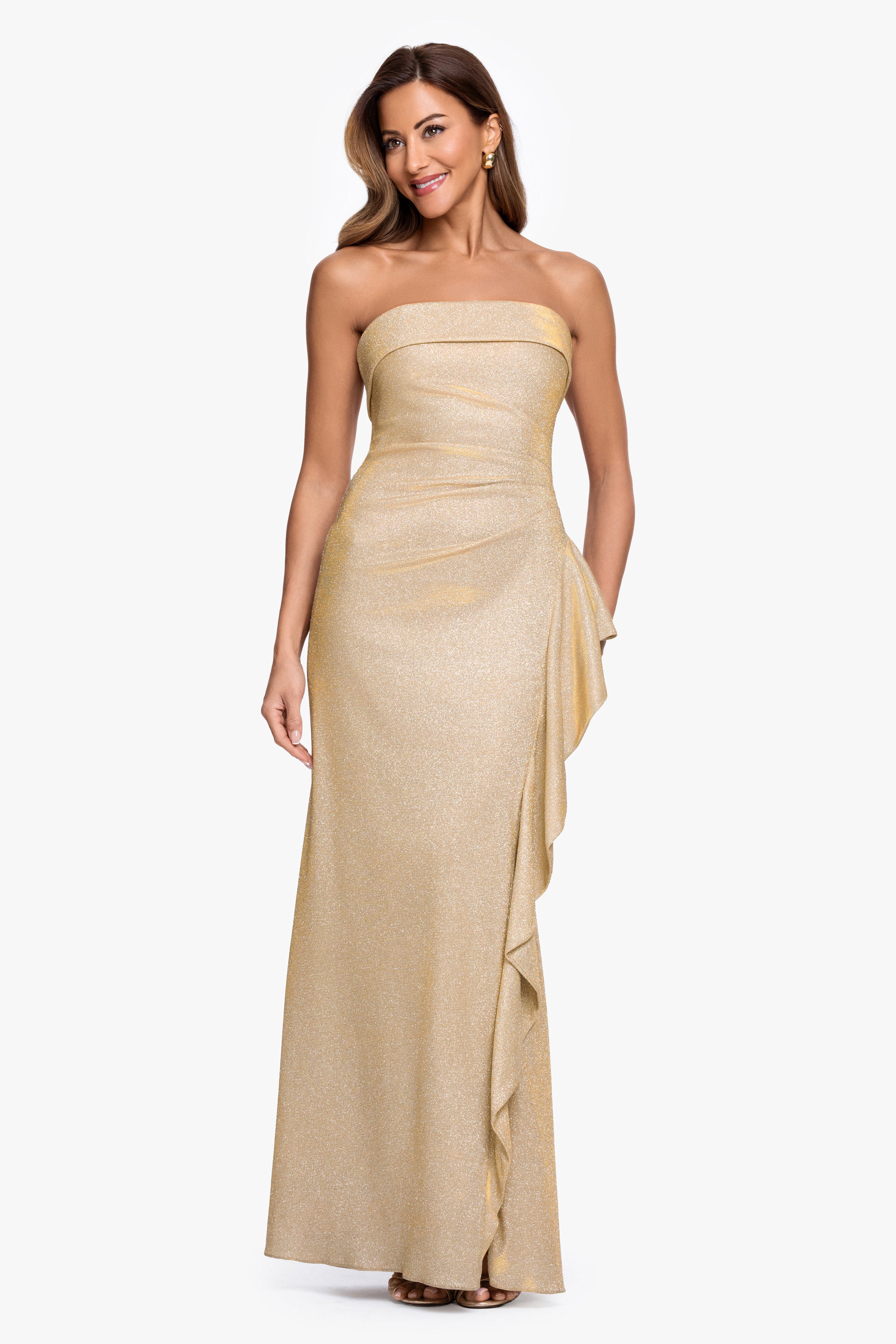 "Elena" Metallic Strapless Side Ruffle Dress