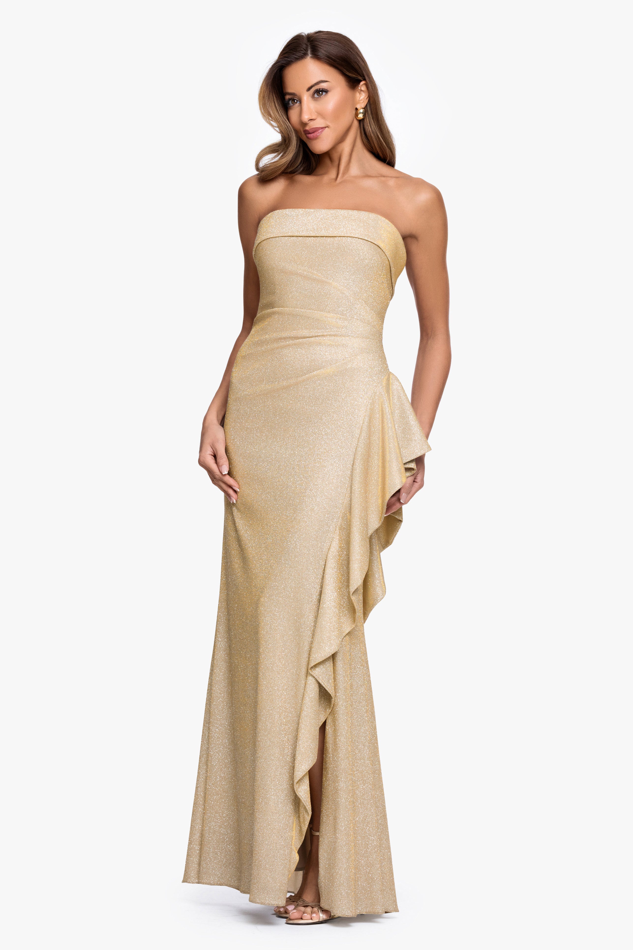 "Elena" Metallic Strapless Side Ruffle Dress