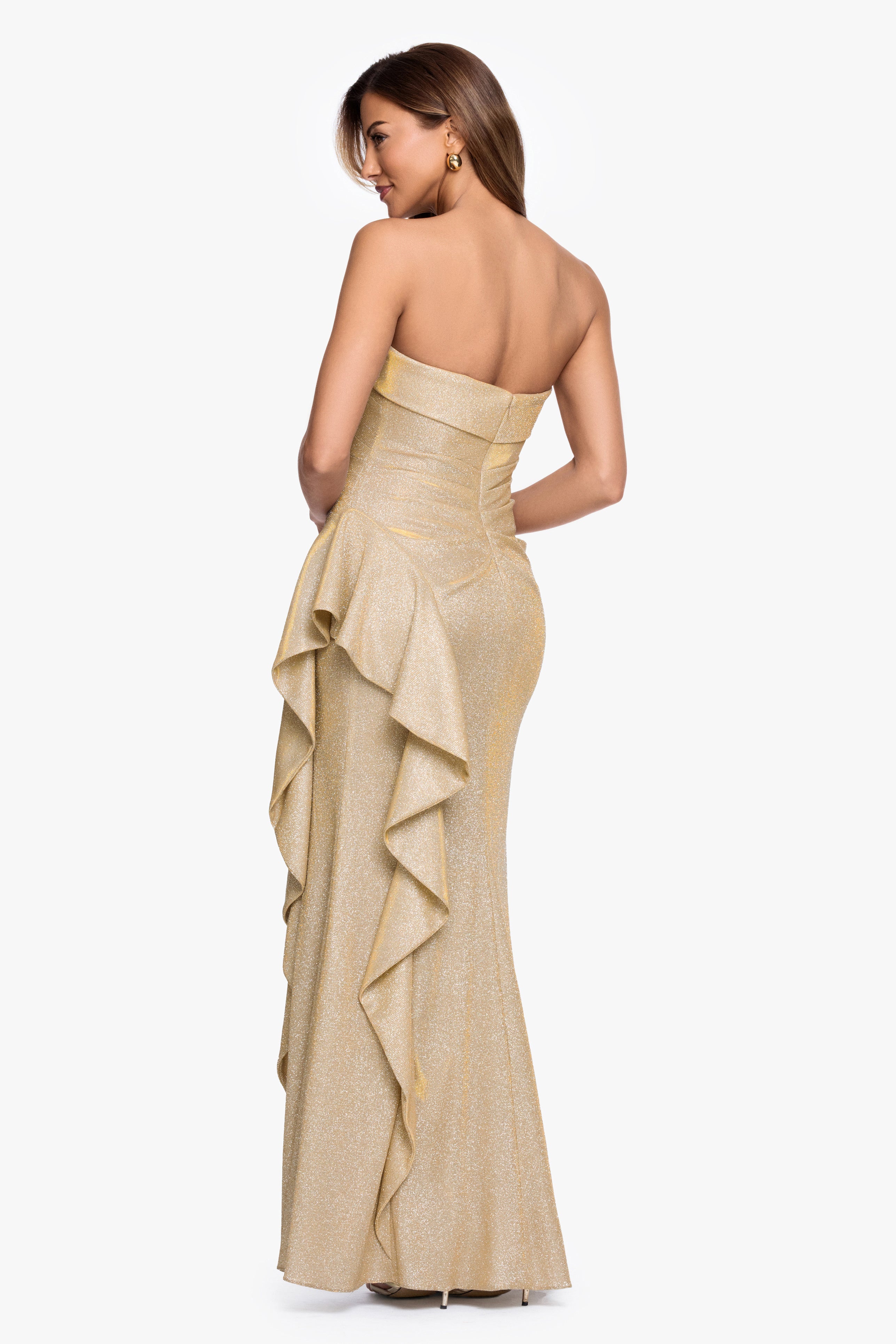 "Elena" Metallic Strapless Side Ruffle Dress