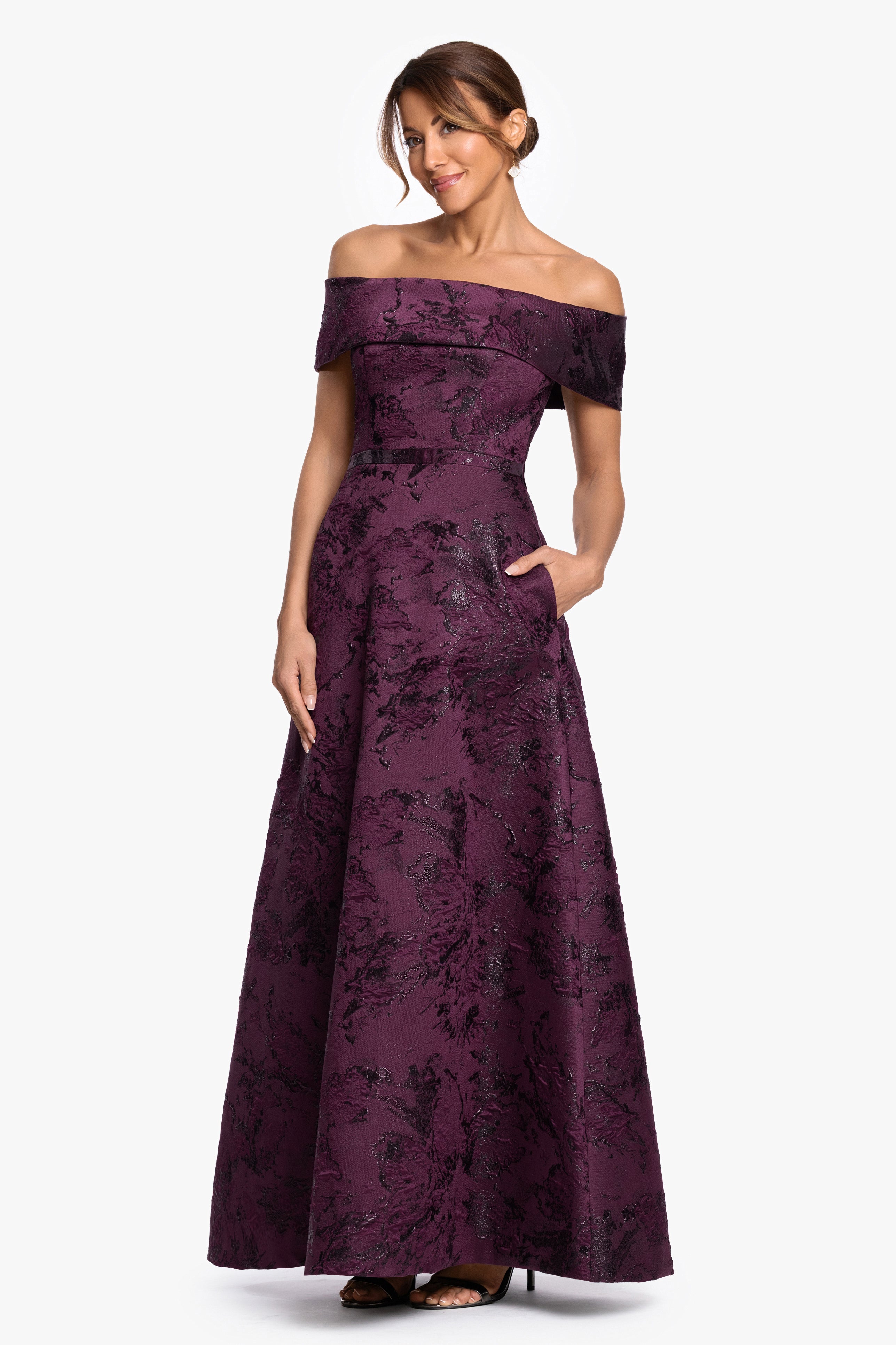 "Emily" Printed Brocade Off The Shoulder Gown