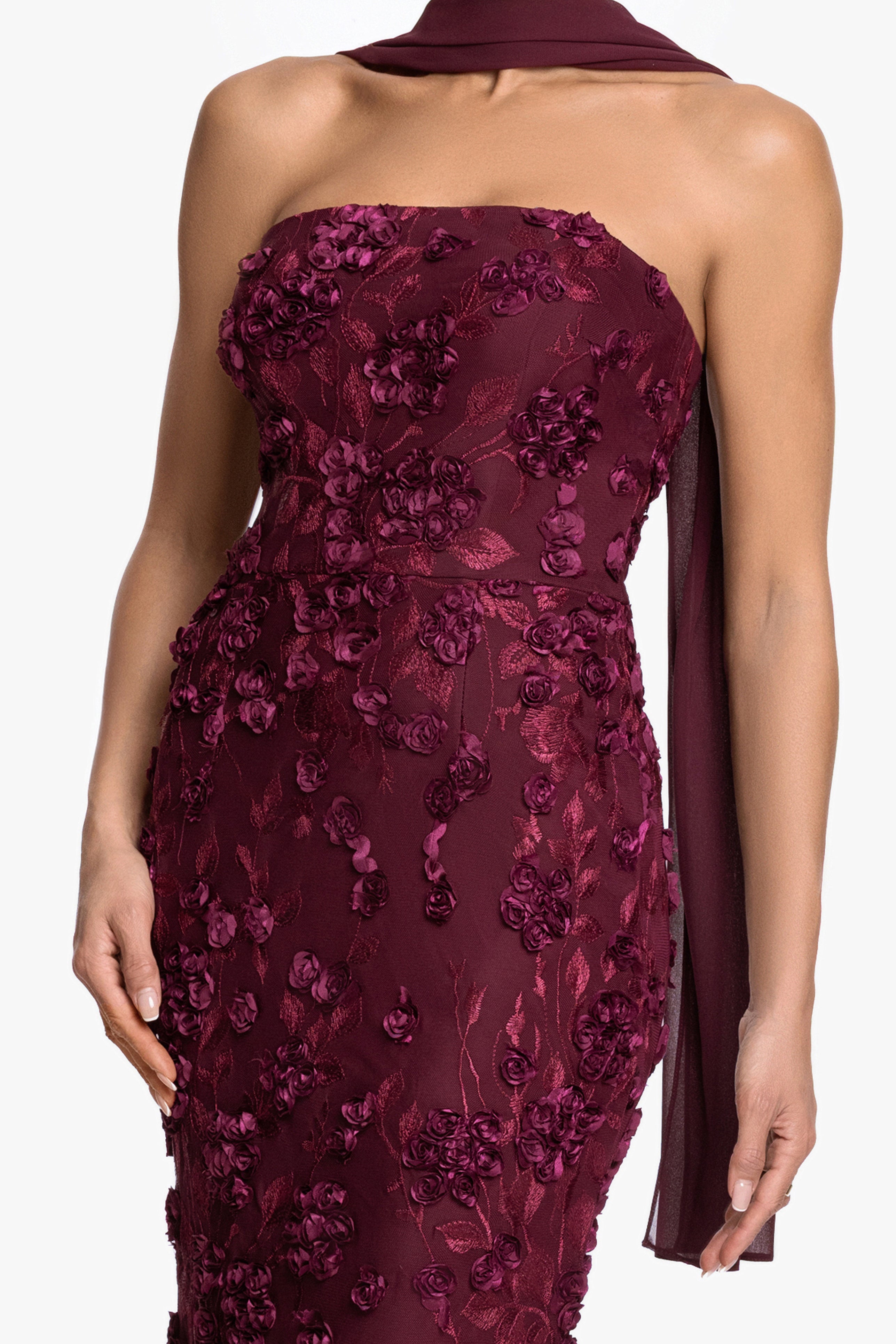 "Stevie" Soutache Mesh Strapless Dress With Chiffon Scarf