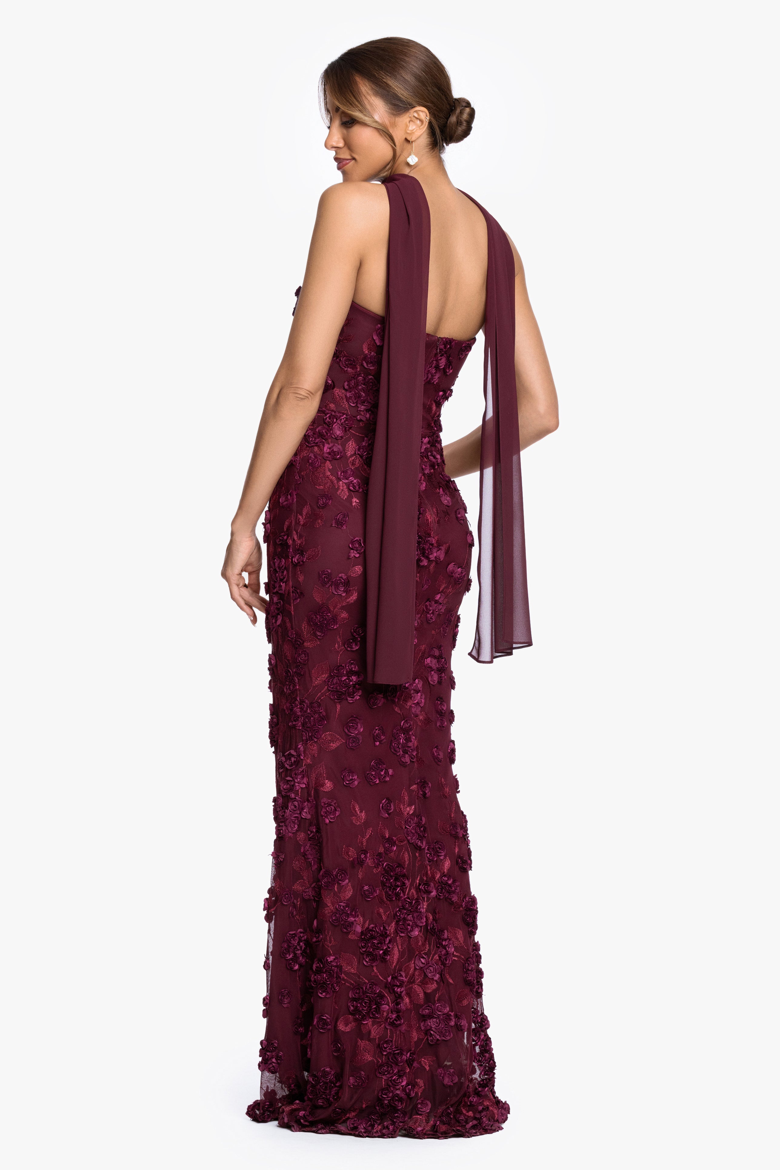 "Stevie" Soutache Mesh Strapless Dress With Chiffon Scarf