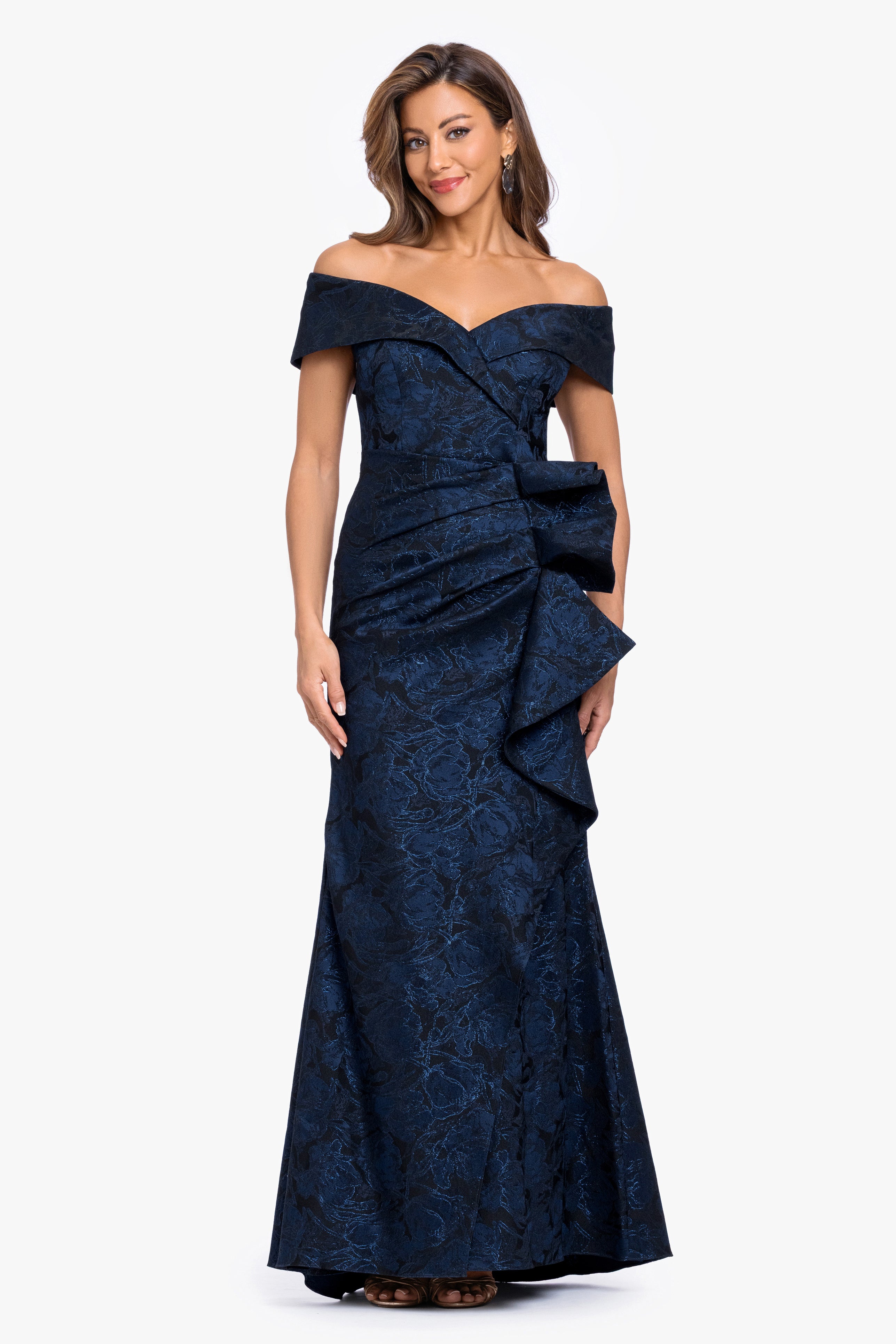 "Bonnie" Brocade Off The Shoulder Side Ruffle