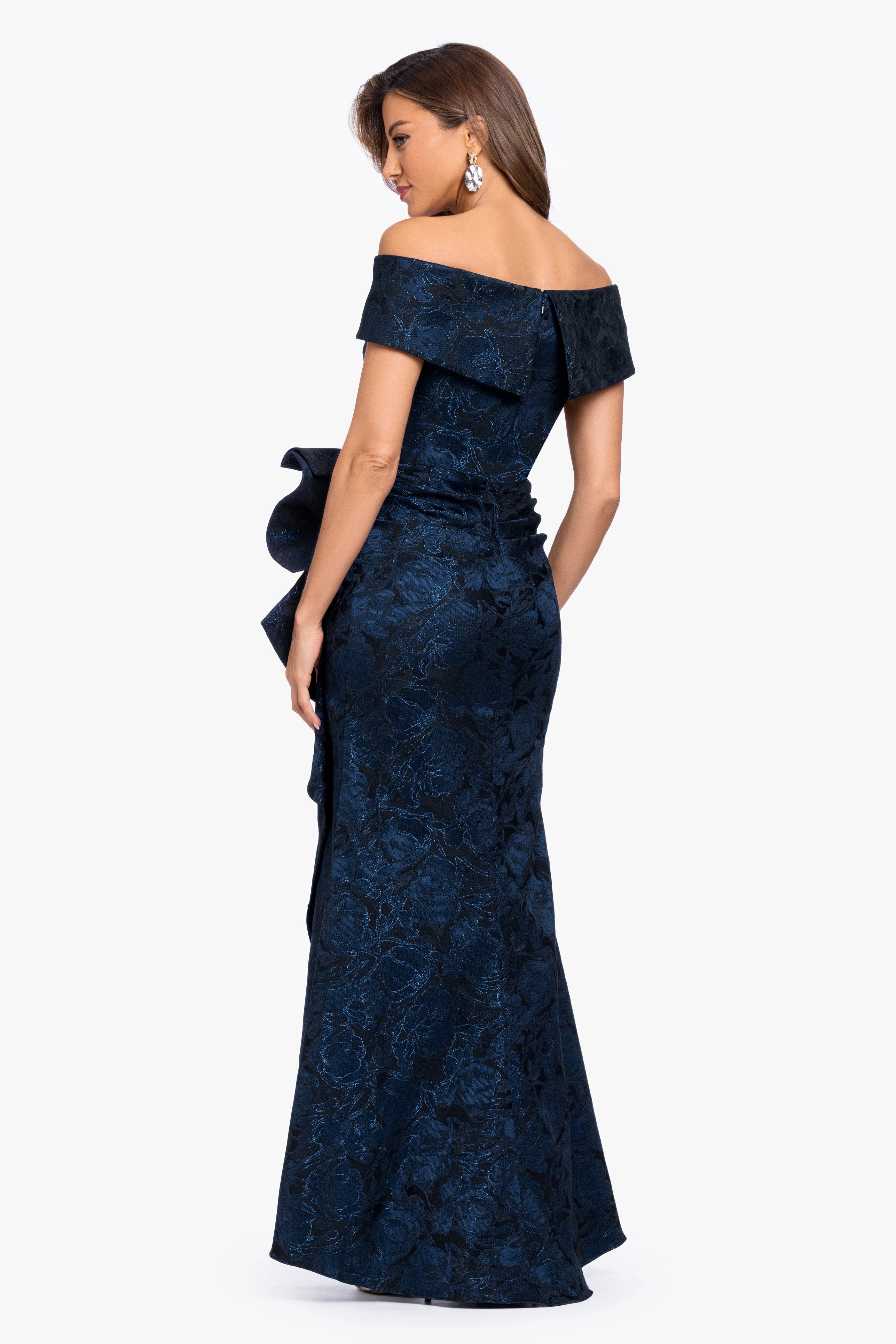 "Bonnie" Brocade Off The Shoulder Side Ruffle
