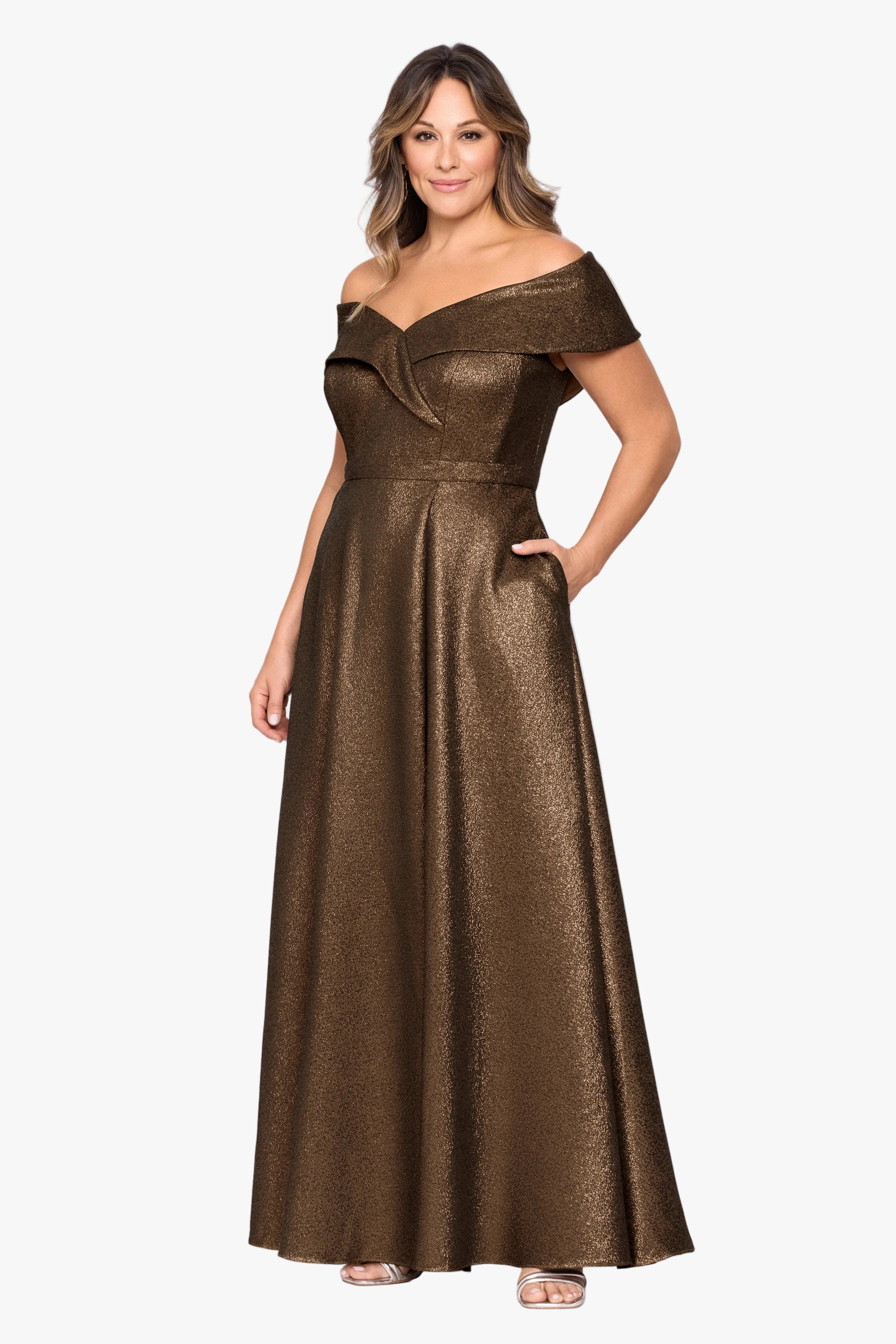 Plus "Julien" Metallic Jacquard Off Shoulder Gown