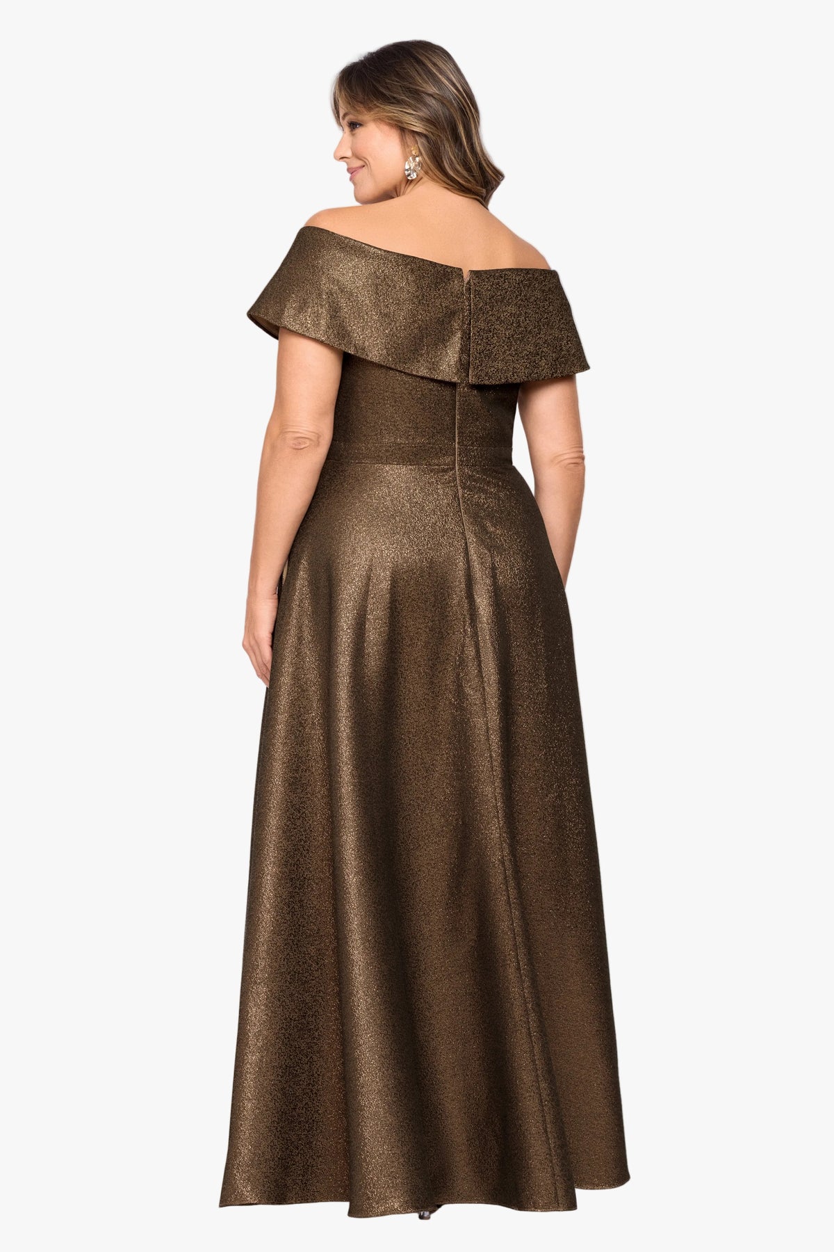 Plus "Julien" Metallic Jacquard Off Shoulder Gown