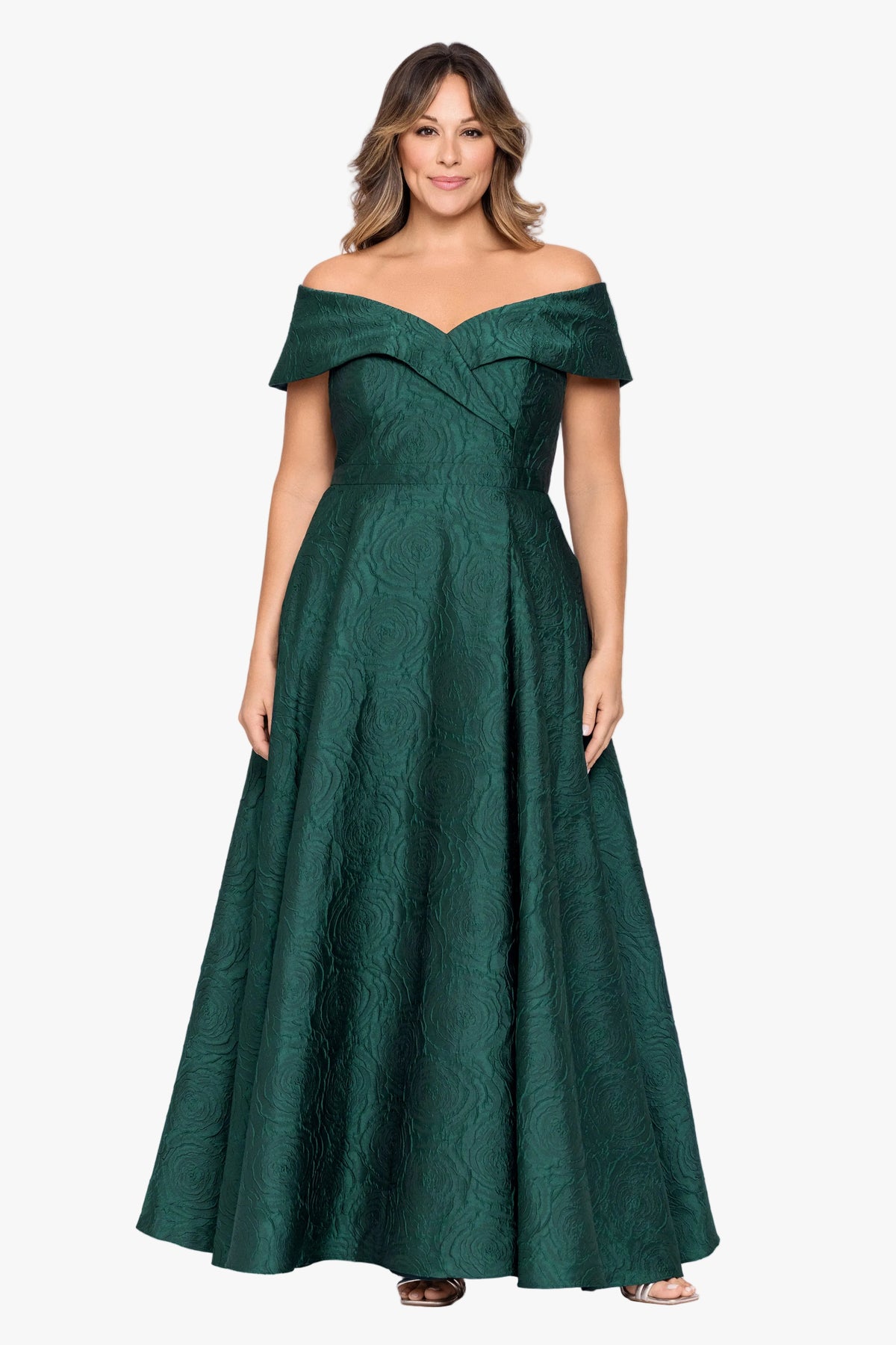 Plus "Danielle" Brocade Off Shoulder V-Neck Ballgown