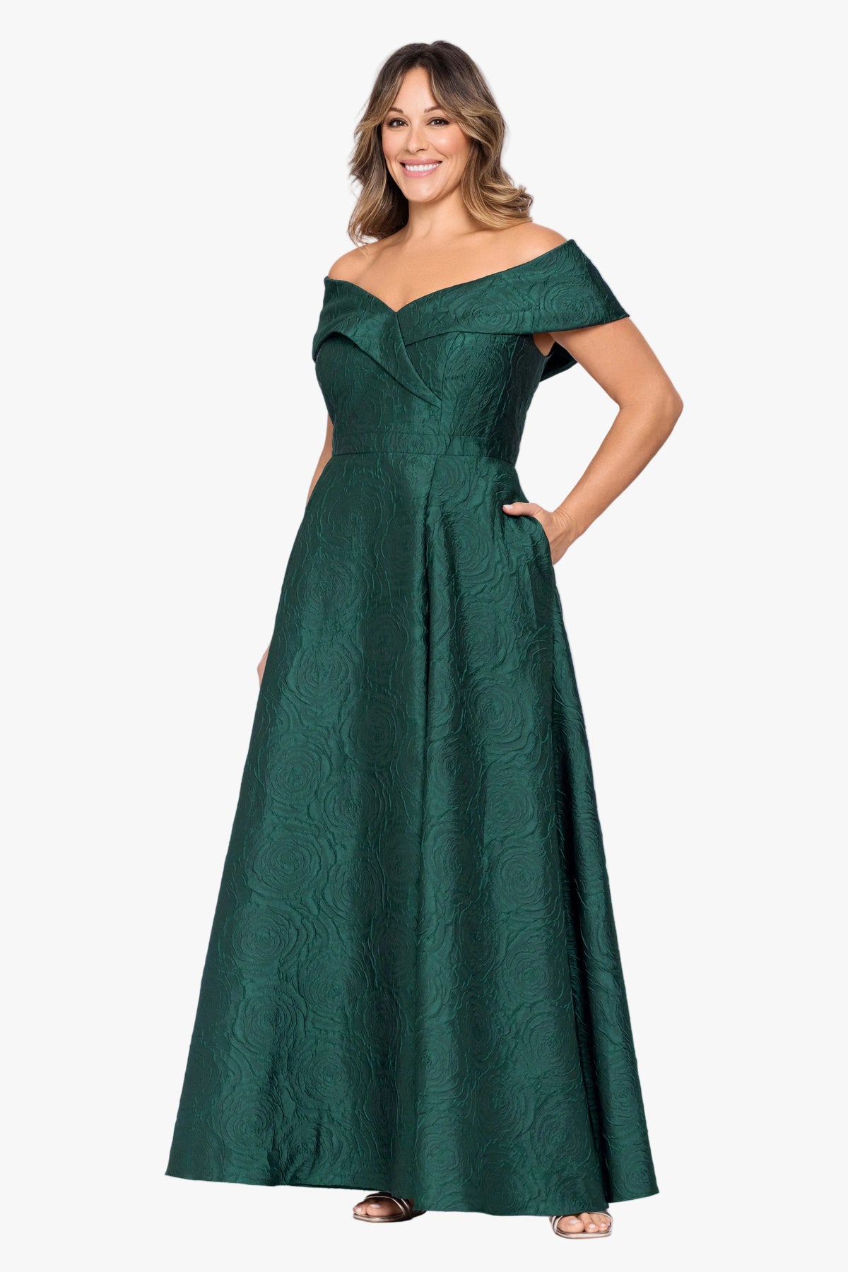 Plus "Danielle" Brocade Off Shoulder V-Neck Ballgown