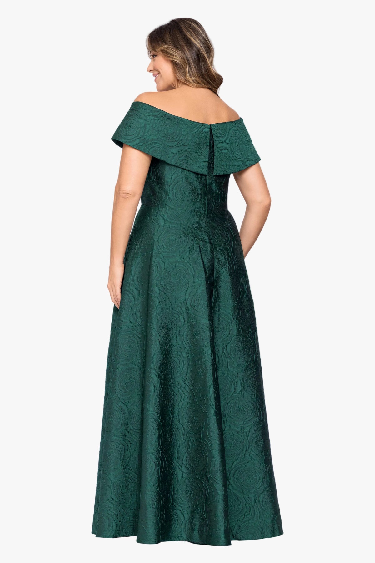 Plus "Danielle" Brocade Off Shoulder V-Neck Ballgown