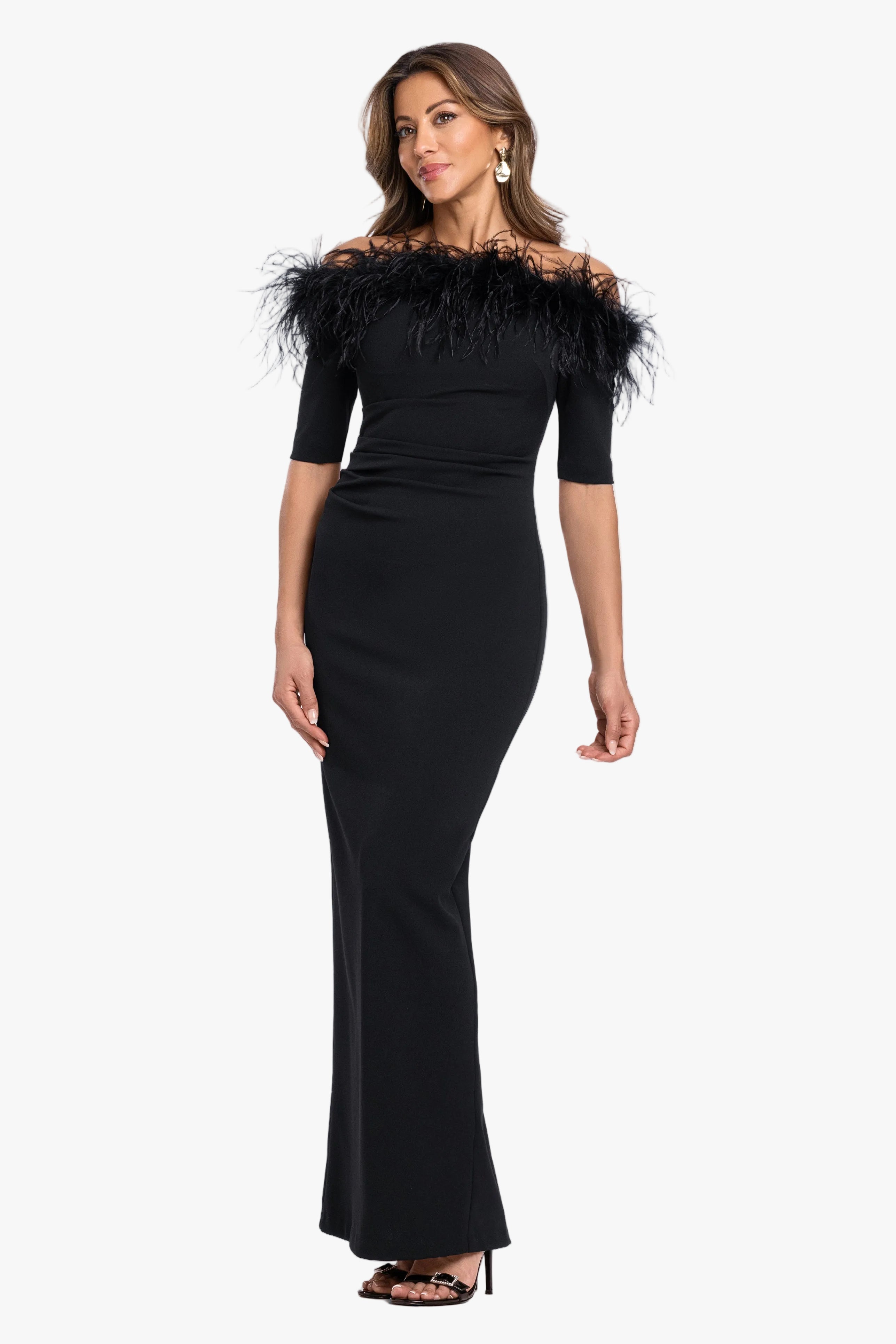 "Fawn" Scuba Crepe Off Shoulder Feather Dress