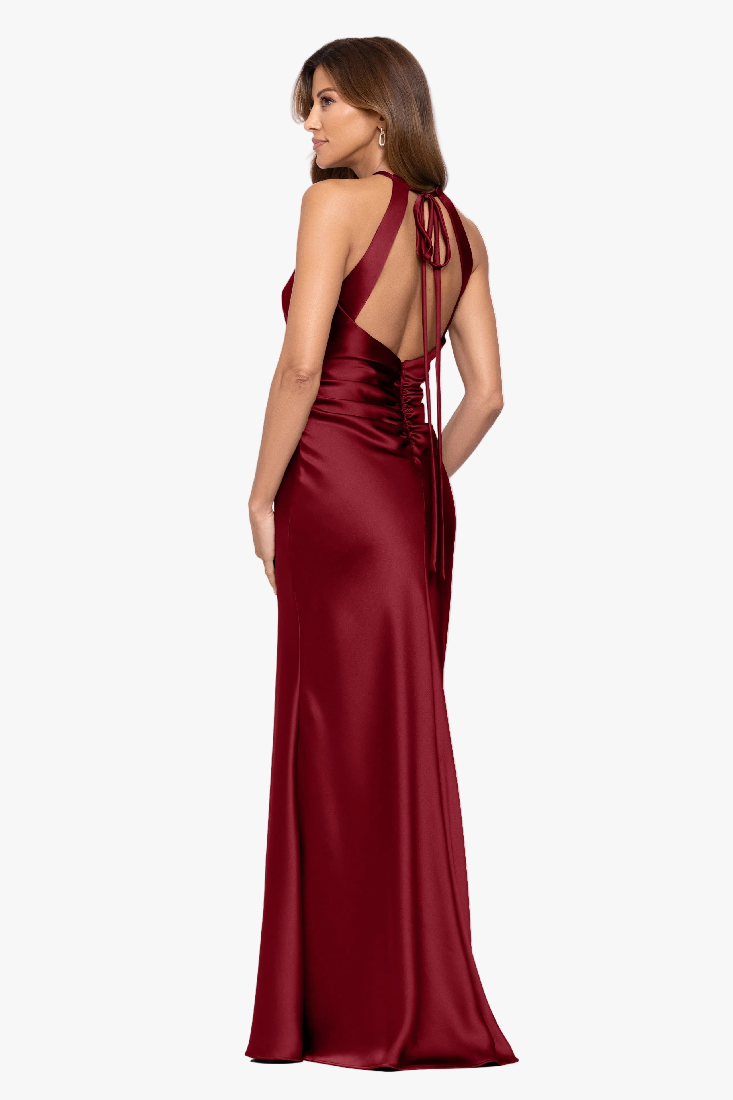 "Iliana" Satin Tie Neck Rouch Back Dress