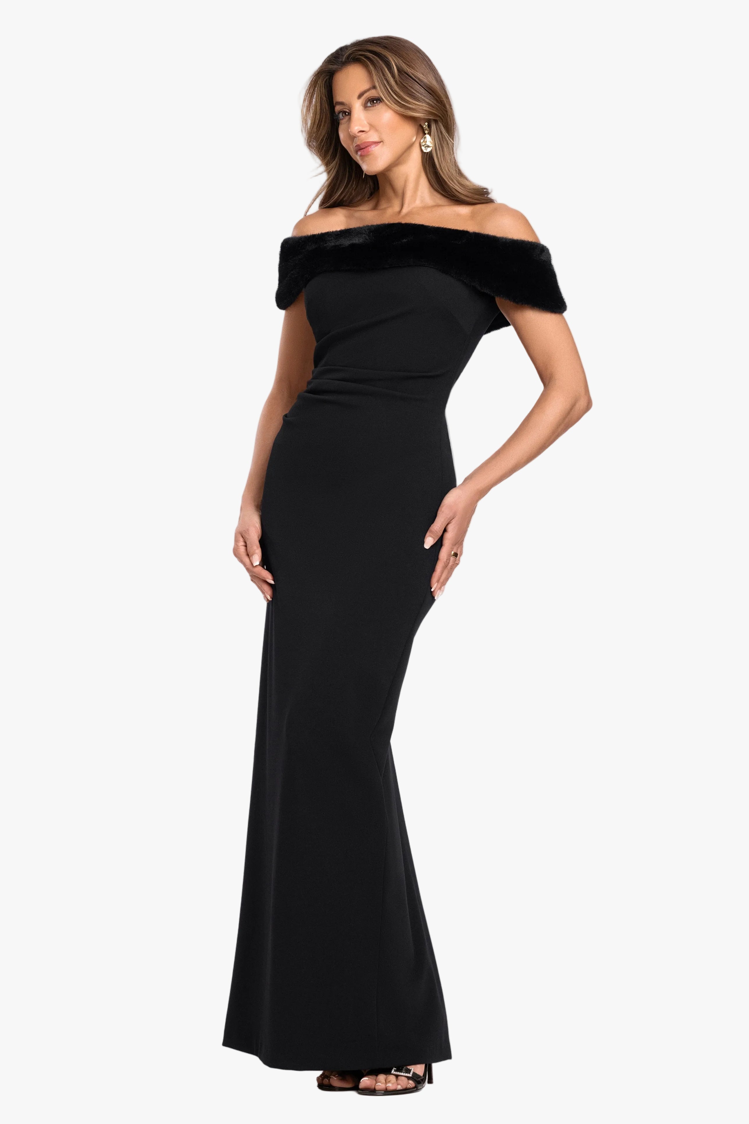 "Madeline" Scuba Crepe Off Shoulder & Faux Fur Neckline Dress