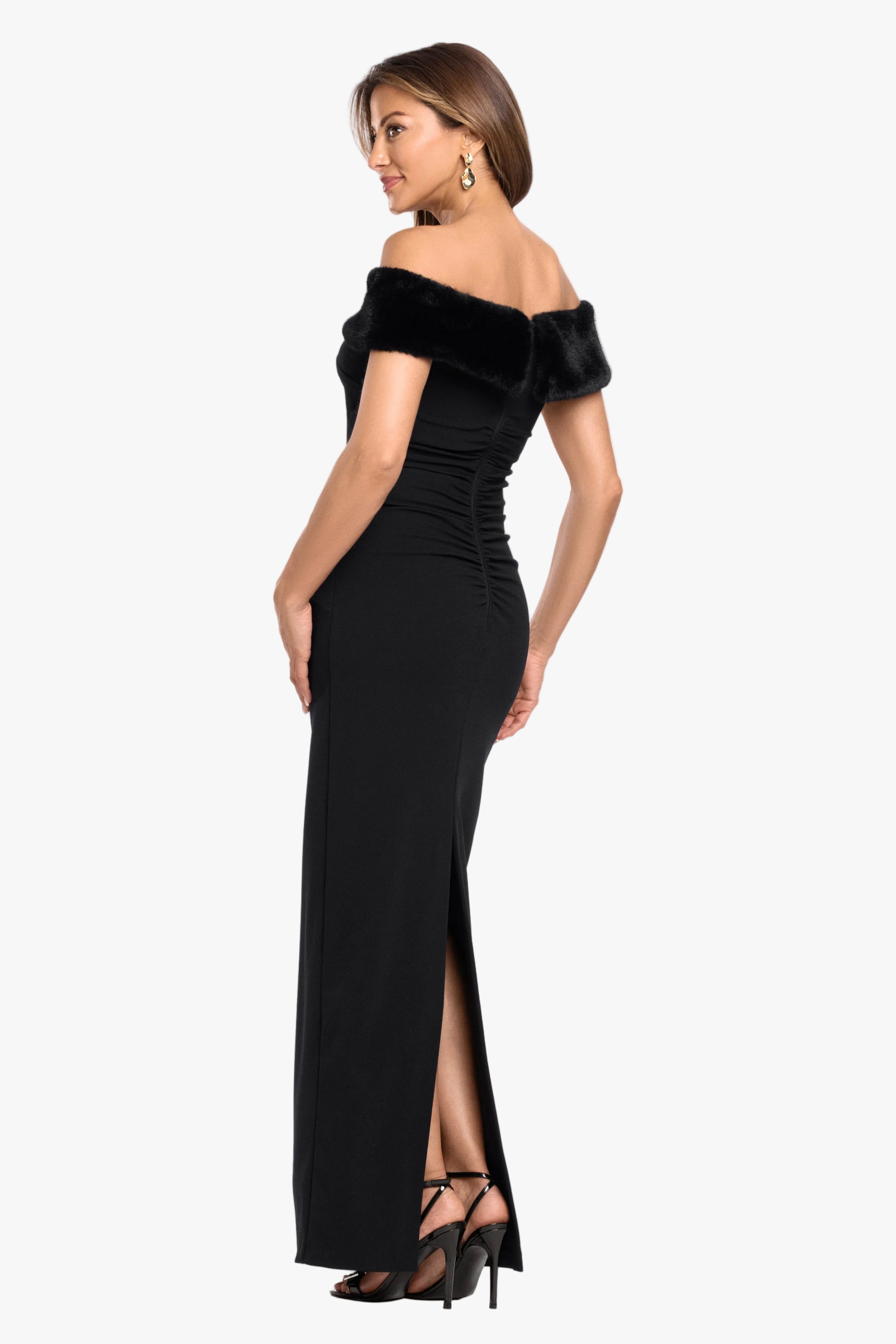 "Madeline" Scuba Crepe Off Shoulder & Faux Fur Neckline Dress