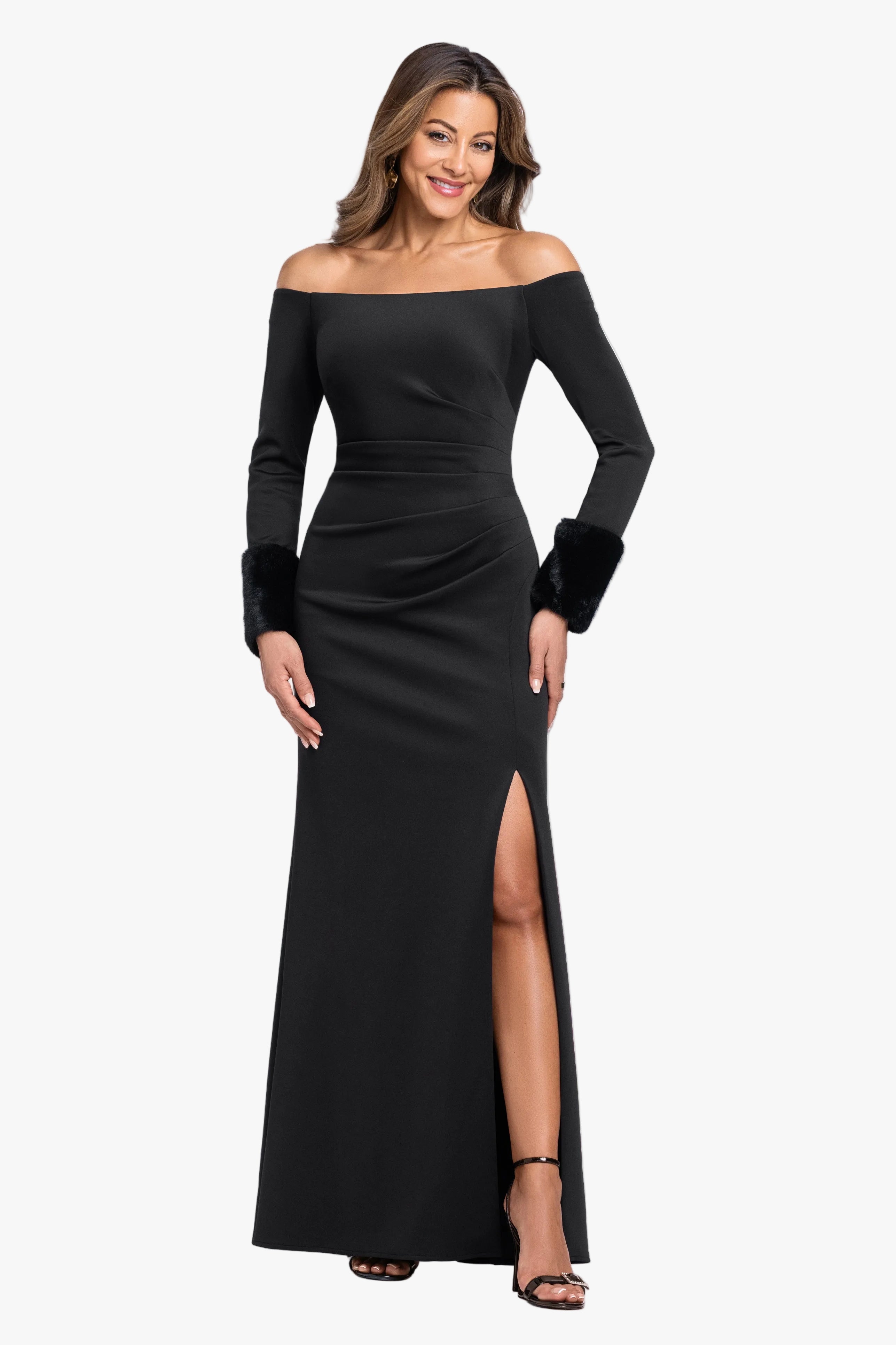 "Carolina" Techno Scuba Off The Shoulder Fur Sleeve Dress