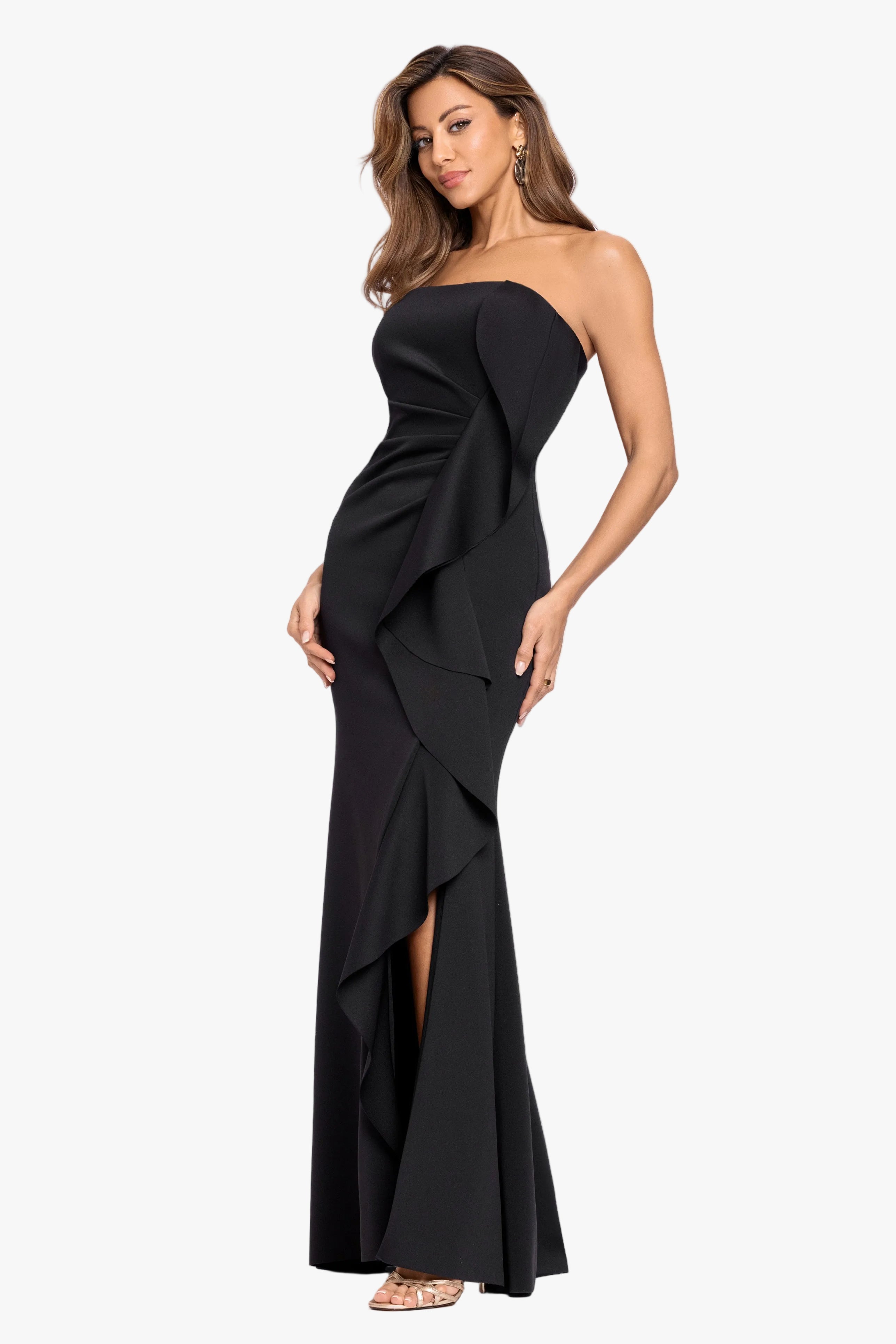 "Brianne" Techno Scuba Side Ruffle Dress