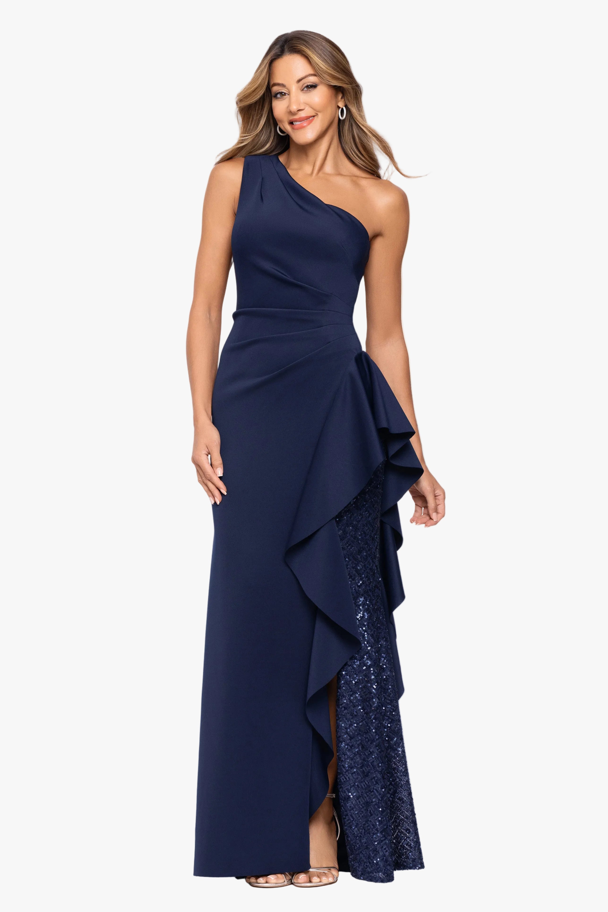 "Harley" Techno Scuba One Shoulder Ruffle Dress