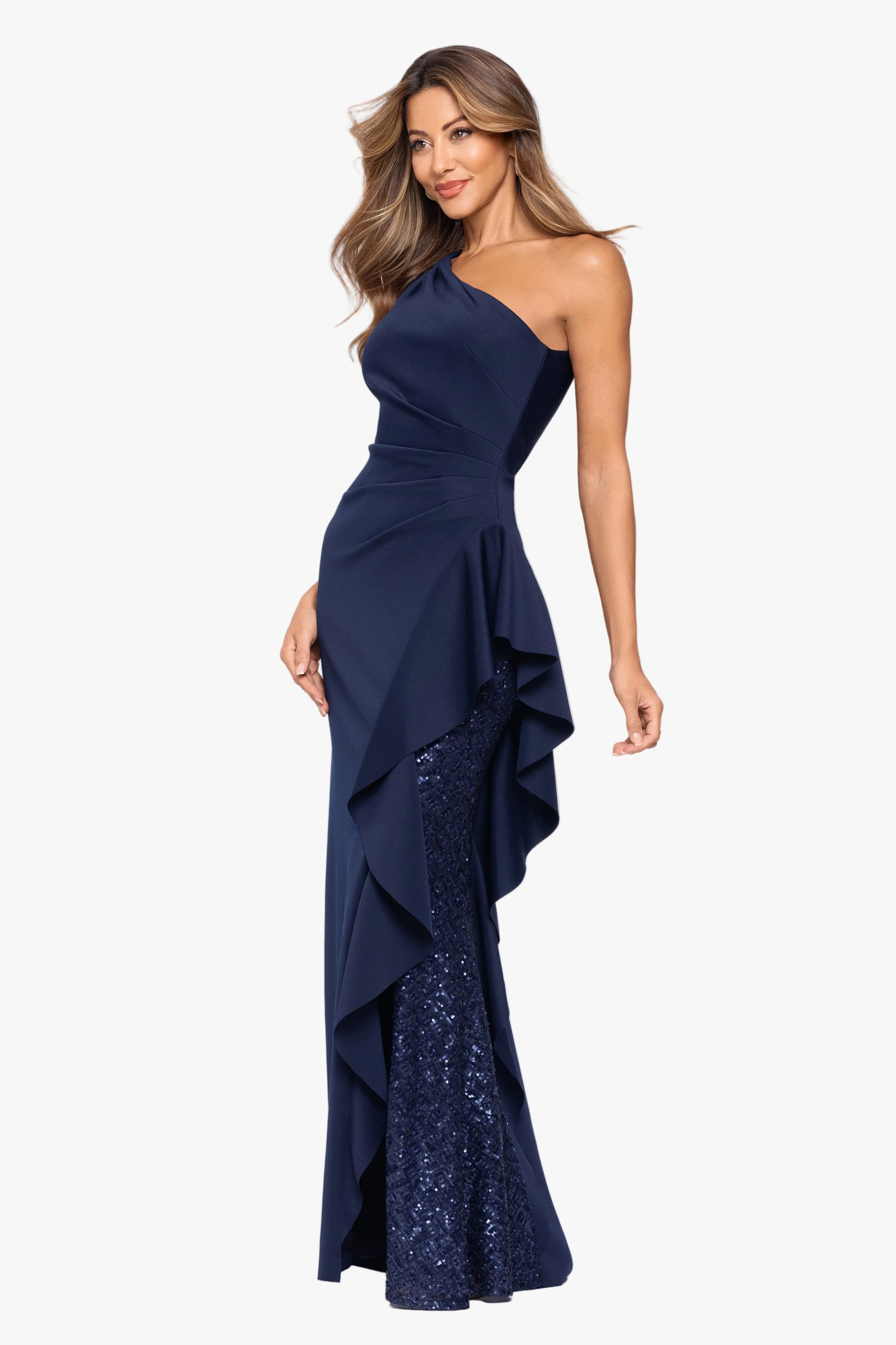 "Harley" Techno Scuba One Shoulder Ruffle Dress
