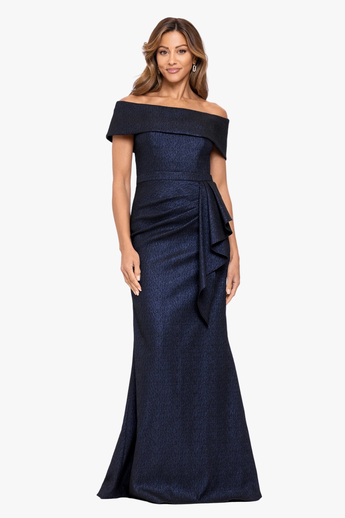 "Siobhan" Jacquard Off Shoulder Side Ruffle Dress