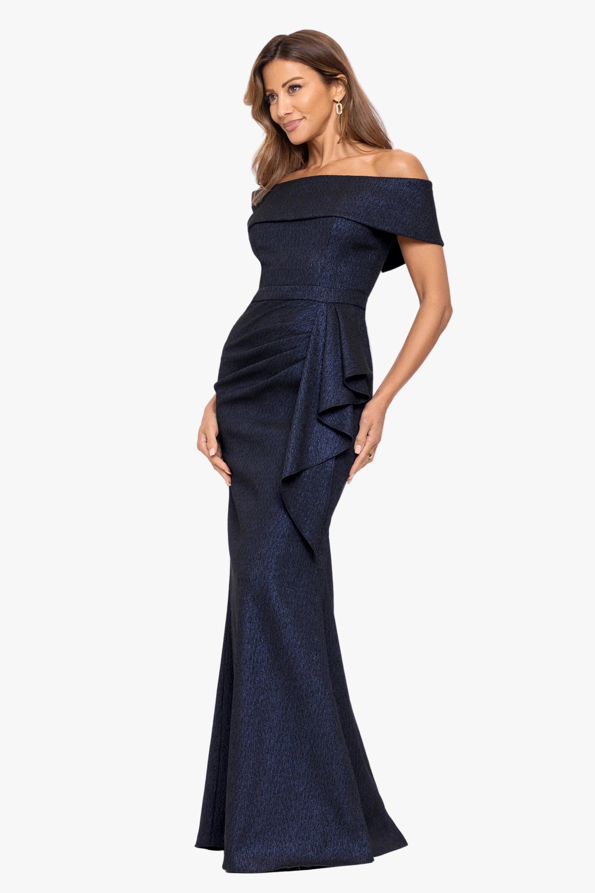 "Siobhan" Jacquard Off Shoulder Side Ruffle Dress