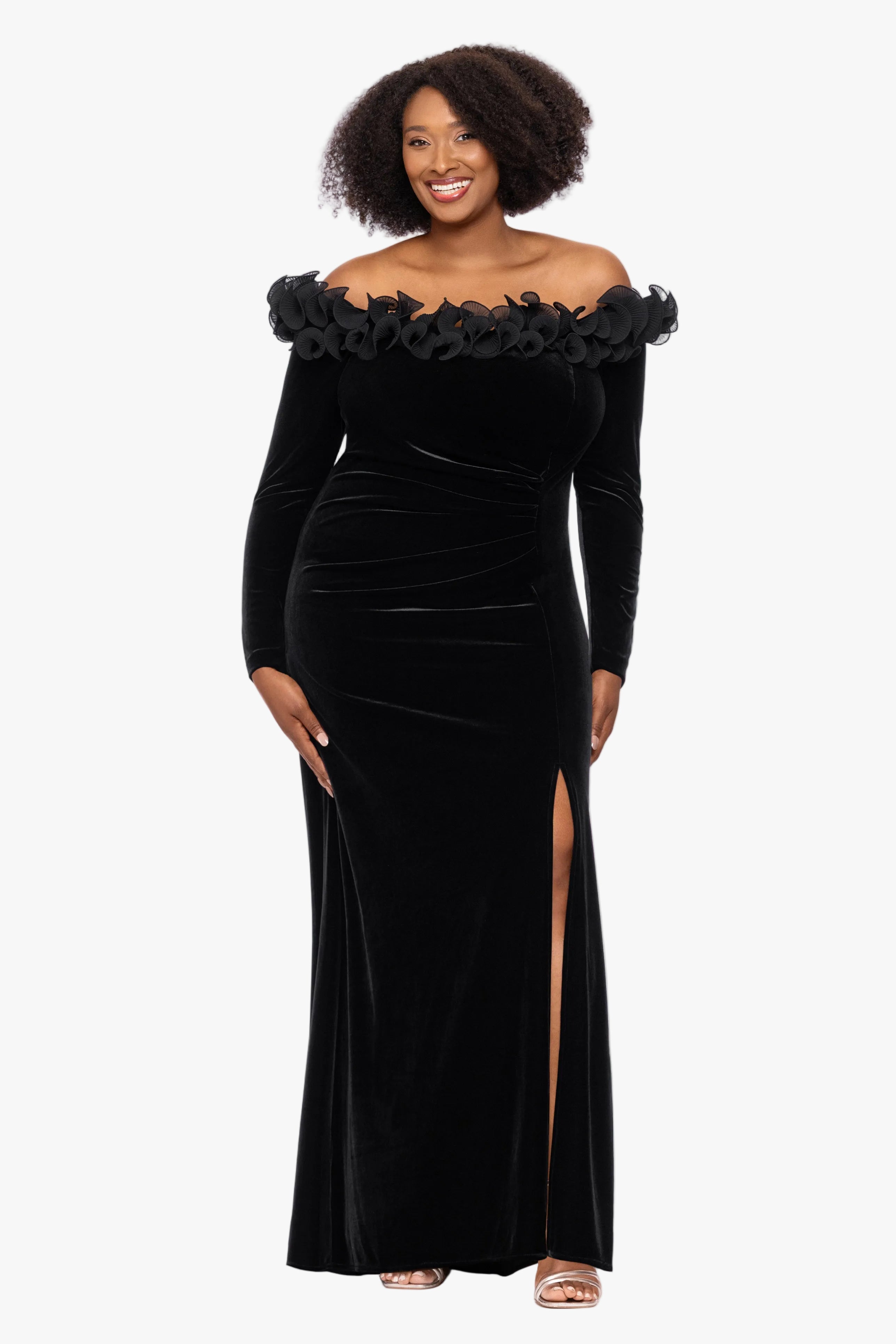Plus "Carley" Velvet Off Shoulder Hammered Chiffon Ruffle Dress
