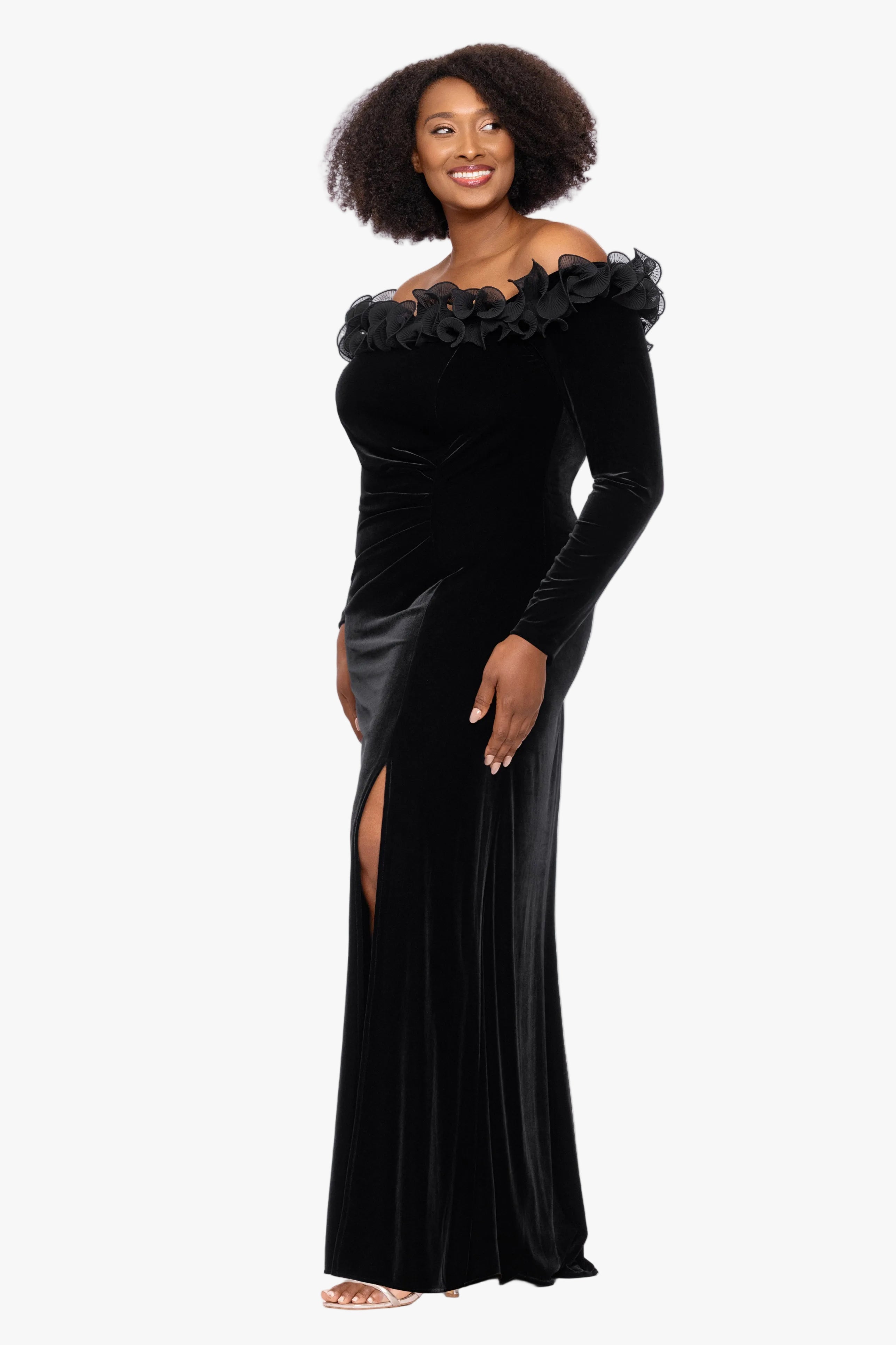 Plus "Carley" Velvet Off Shoulder Hammered Chiffon Ruffle Dress