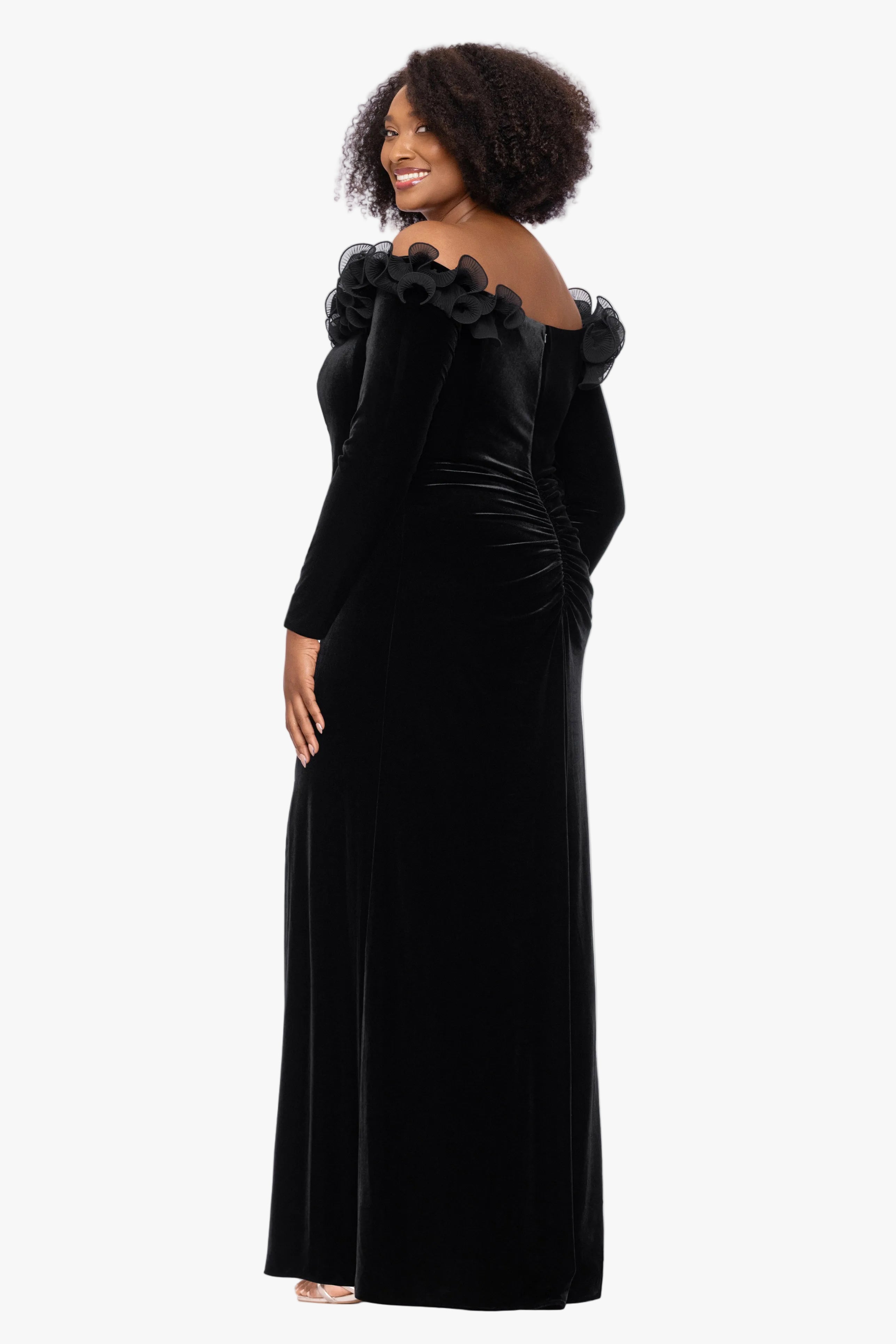Plus "Carley" Velvet Off Shoulder Hammered Chiffon Ruffle Dress