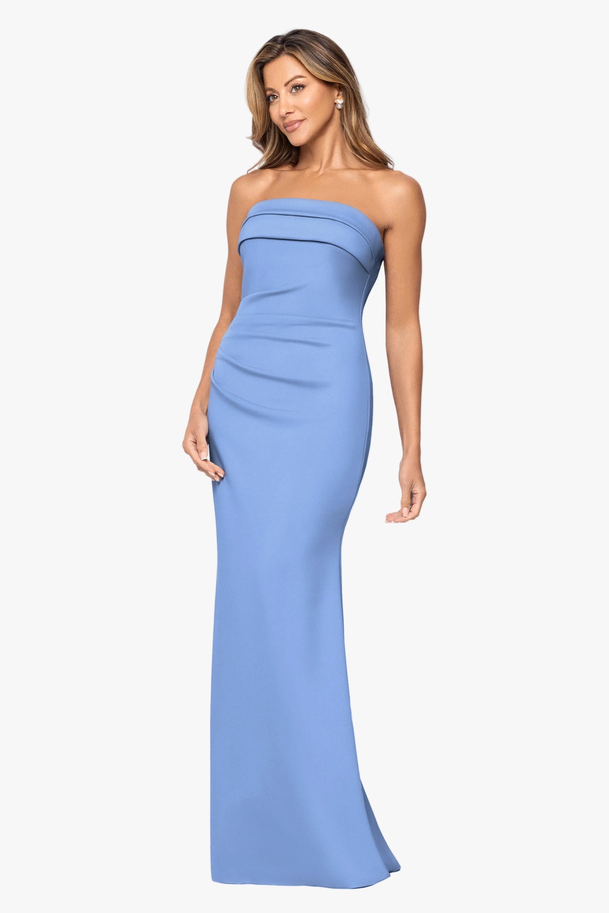 "Josephine" Techno Scuba Strapless Back Ruffle Dress