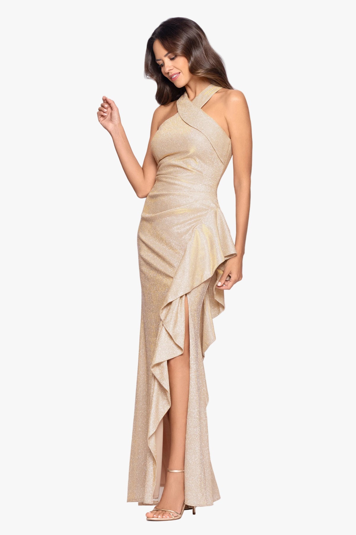Petite "Heather" Glitter Knit Galaxy Side Ruffle Dress