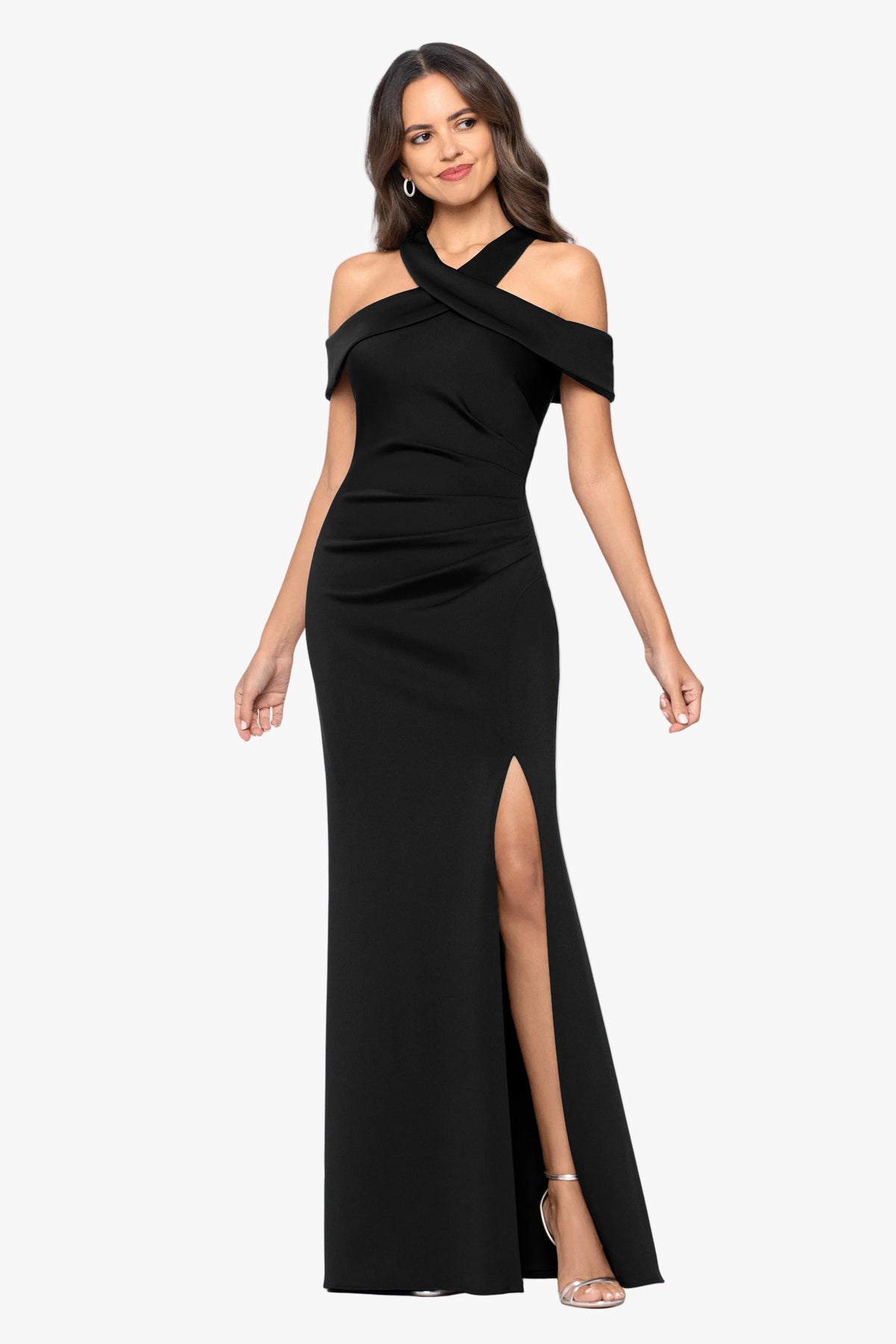 "Charley" Techno Scuba Cross Neck Slit Dress
