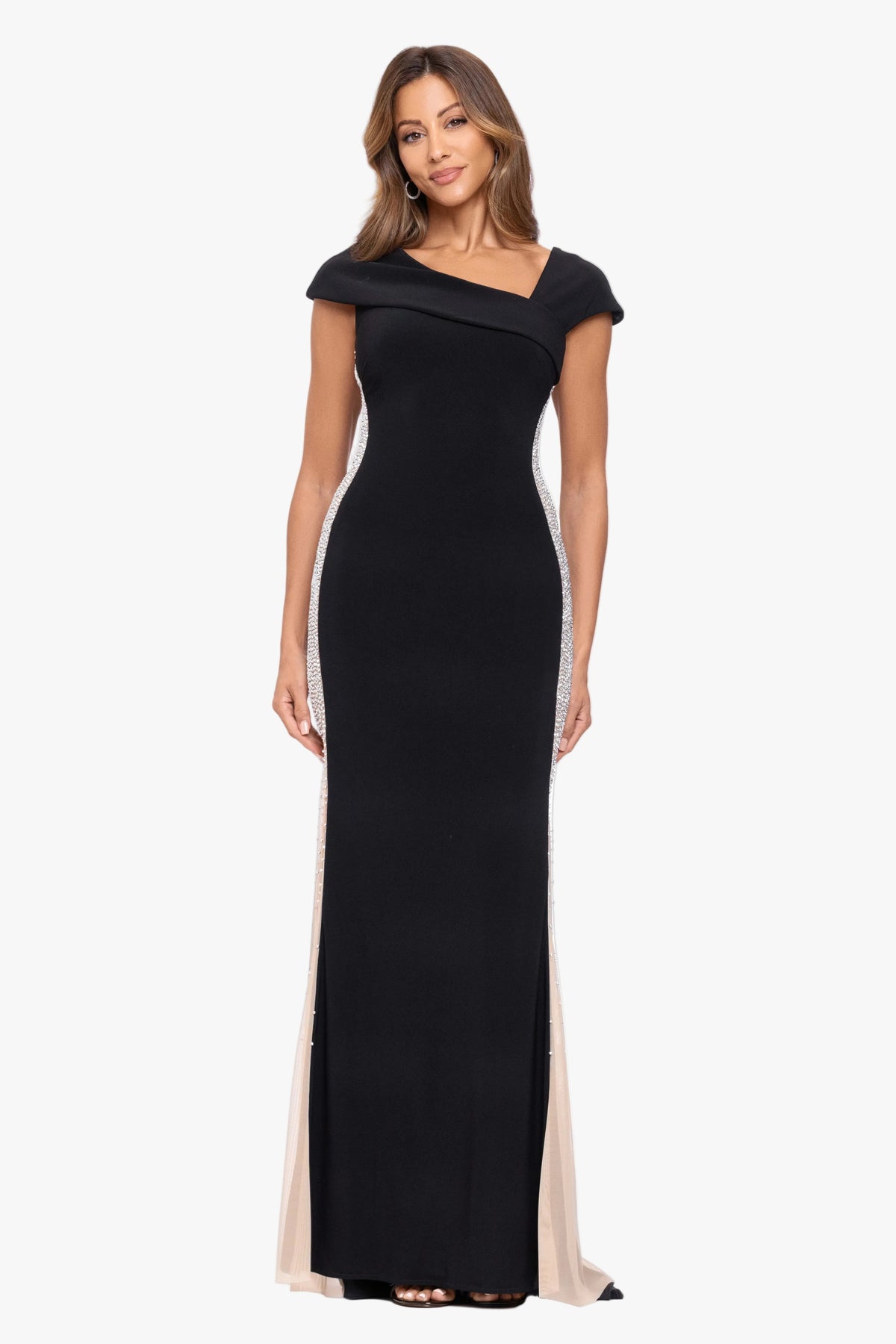 "Nellie" Jersey Knit Beaded Mesh Side Dress