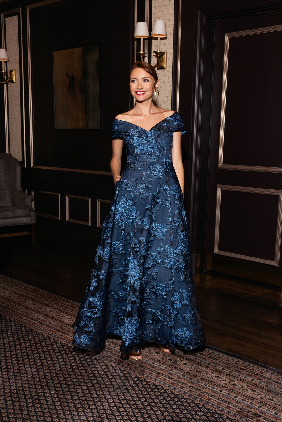 "Astrid" Organza Brocade Off Shoulder Dress