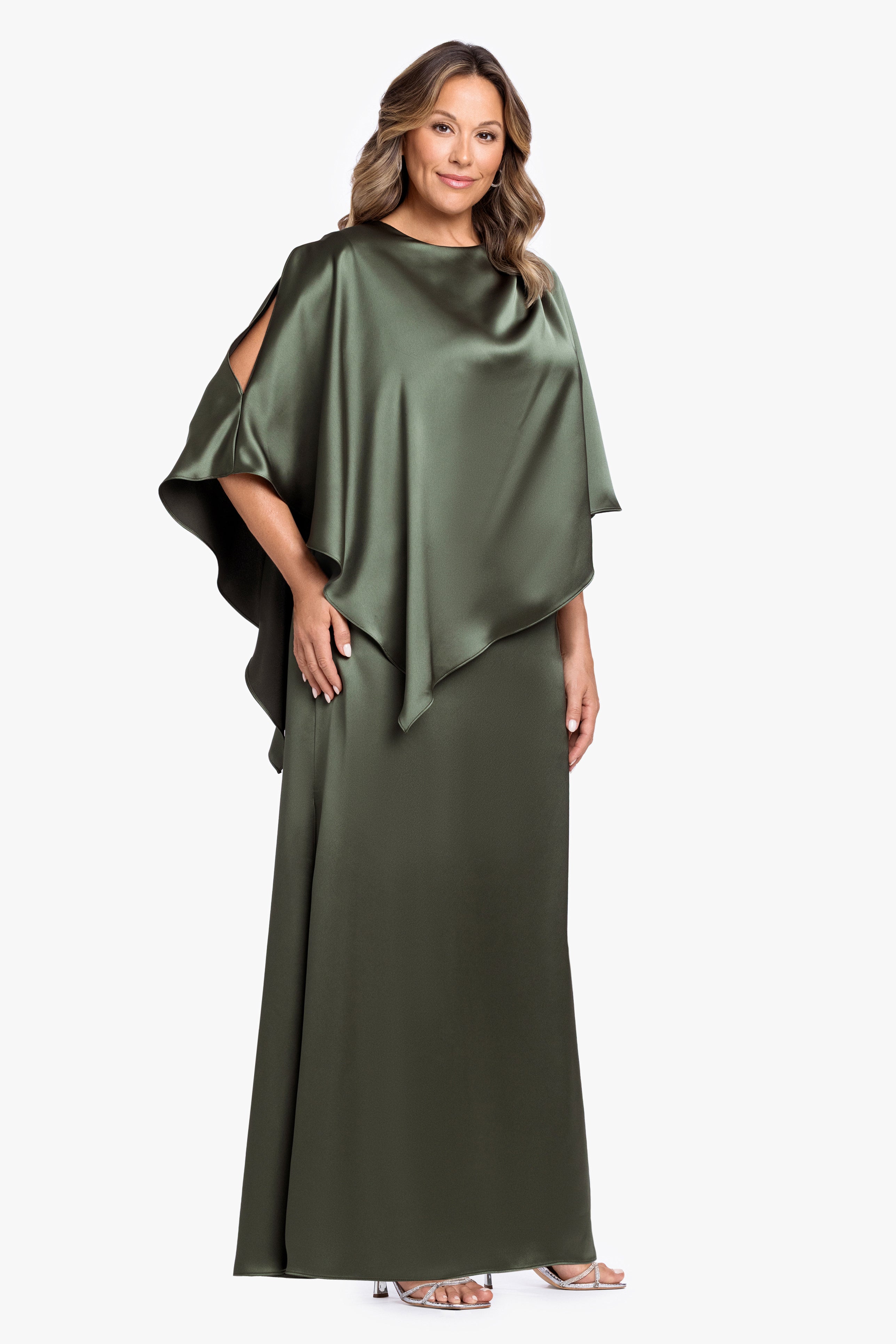 Plus "Ellen" Satin Overlay Cape Dress
