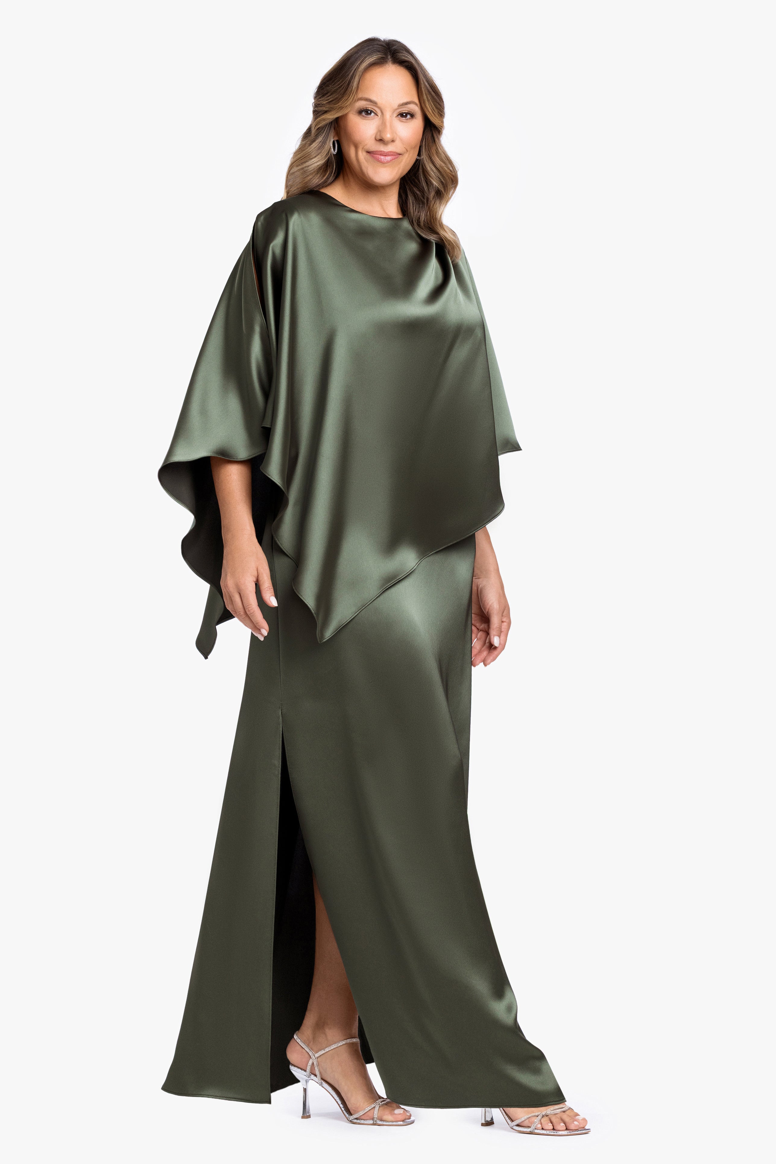 Plus "Ellen" Satin Overlay Cape Dress