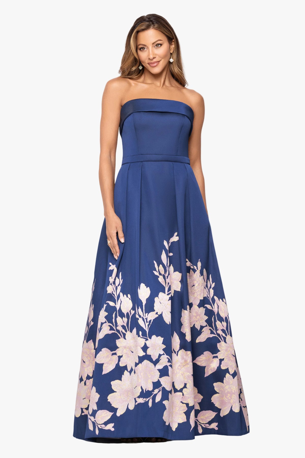 "Elodie" Jacquard Flower Placement Strapless Gown